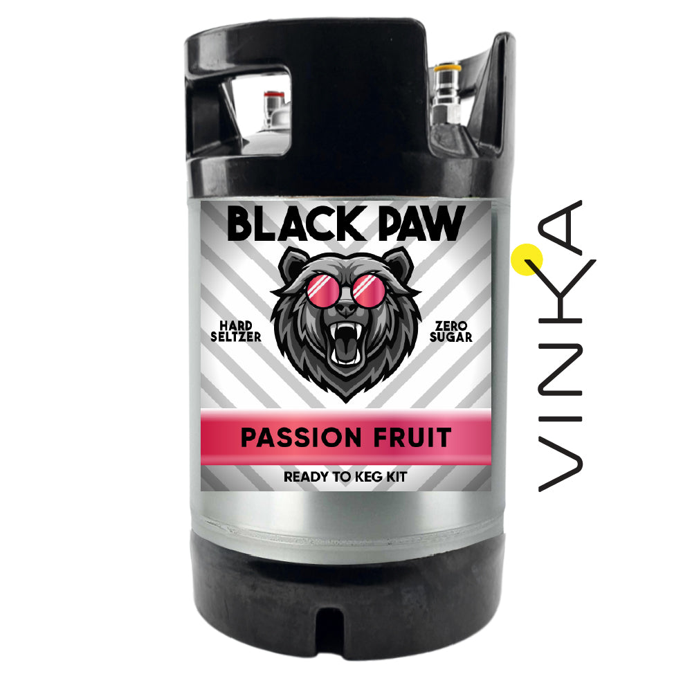 Logo of Black Paw Hard Seltzer with a passionfruit flavor theme, featuring a stylized paw and the text 'PASSION FRUIT' alongside 'READY TO KEG KIT'.