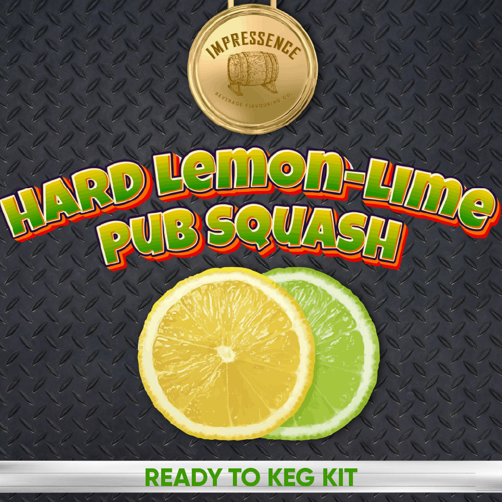Advertisement for hard lemon-lime pub squash with lemon and lime slices on a textured black background.