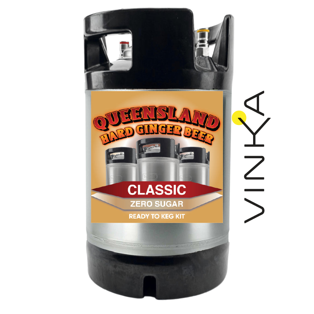 Queensland Hard Ginger Beer keg kit with Vinka branding on a white background