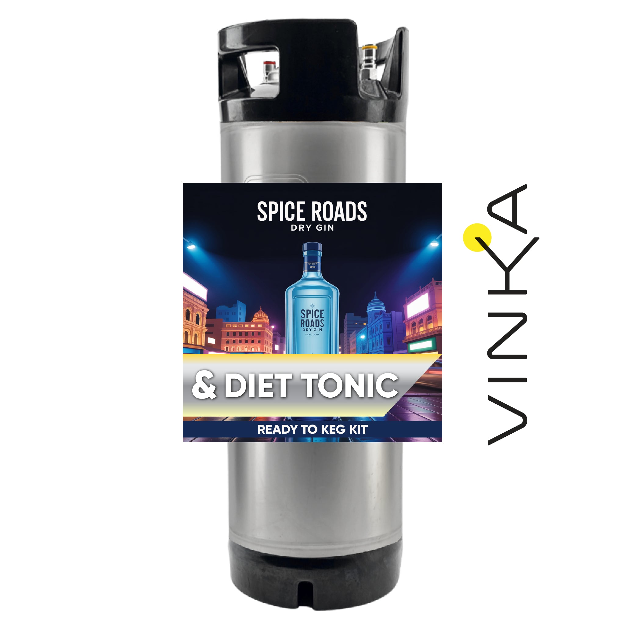 Spice Roads Dry Gin and Diet Tonic ready-to-keg kit with Vinka branding on a white background