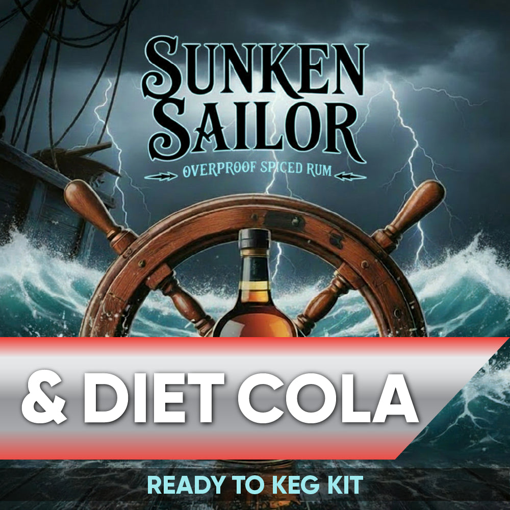 Advertisement for Sunken Sailor overproof spiced rum and Diet Cola ready to keg kit with a shipwreck and stormy sea background.