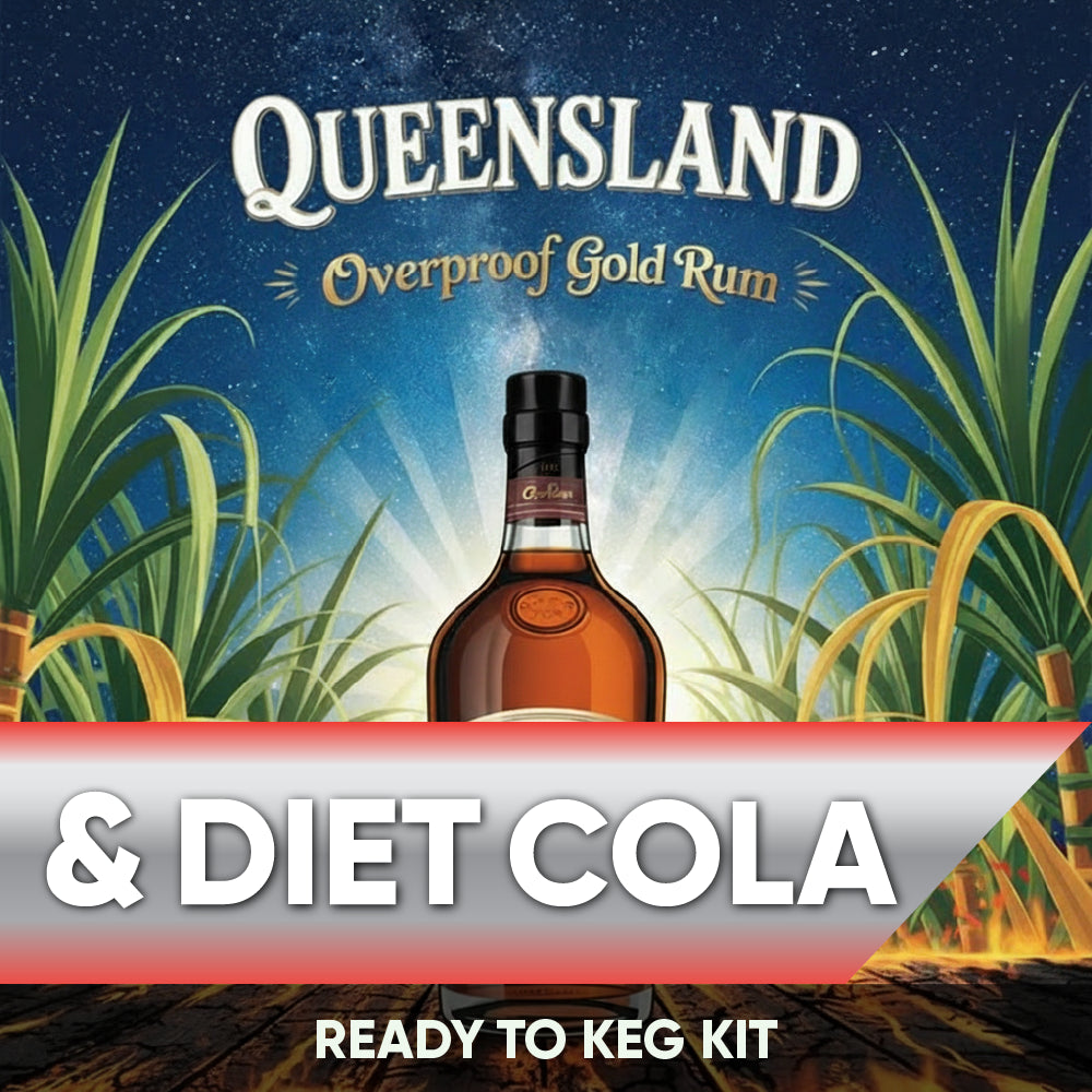 Queensland Overproof Gold Rum & Diet Cola ready to keg kit with rum bottle and sugarcane in the background.