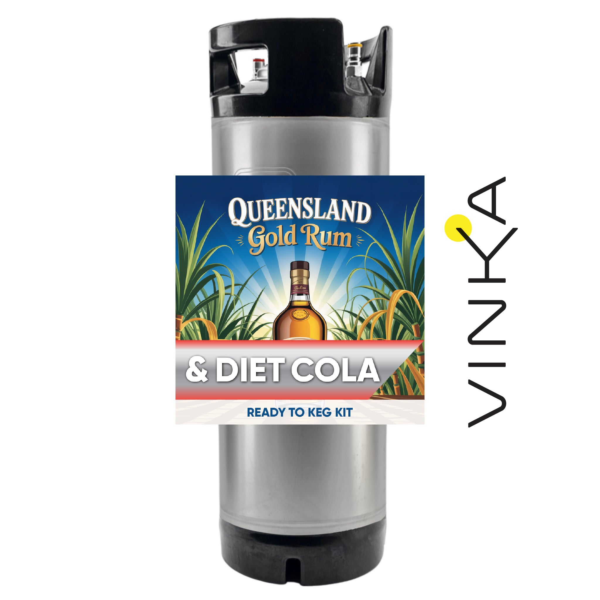 Queensland Gold Rum & Diet Cola ready-to-keg kit with Vinka branding on a white background