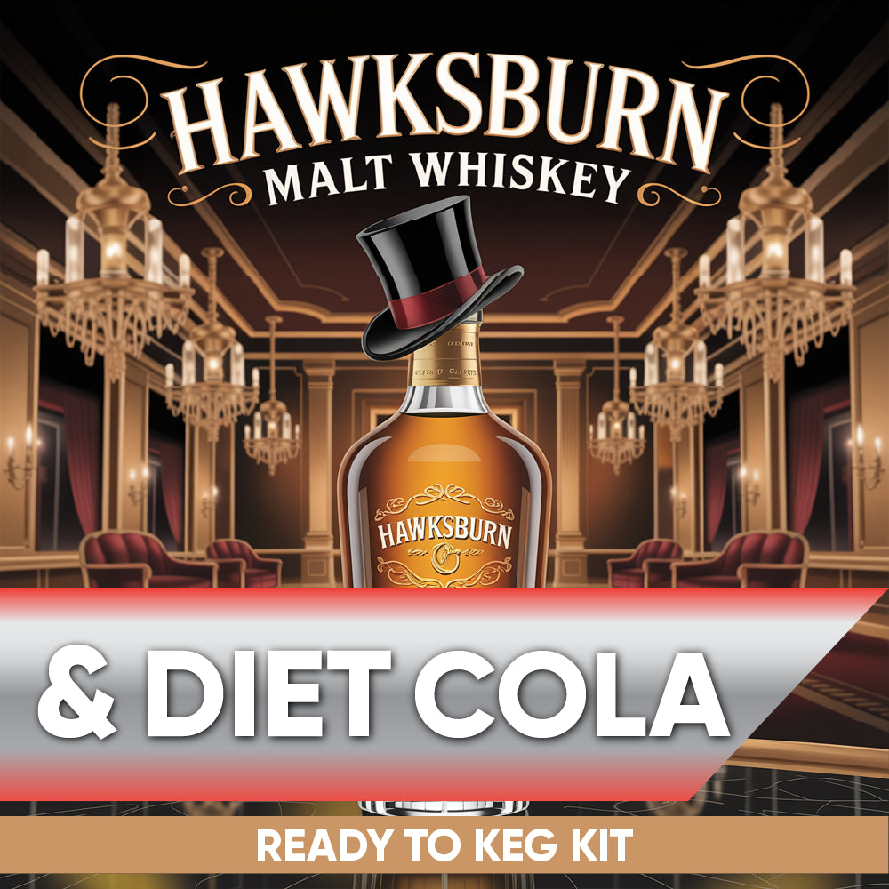 Hawksburn Malt Whiskey & Diet Cola ready to keg kit advertisement with a luxurious room background.