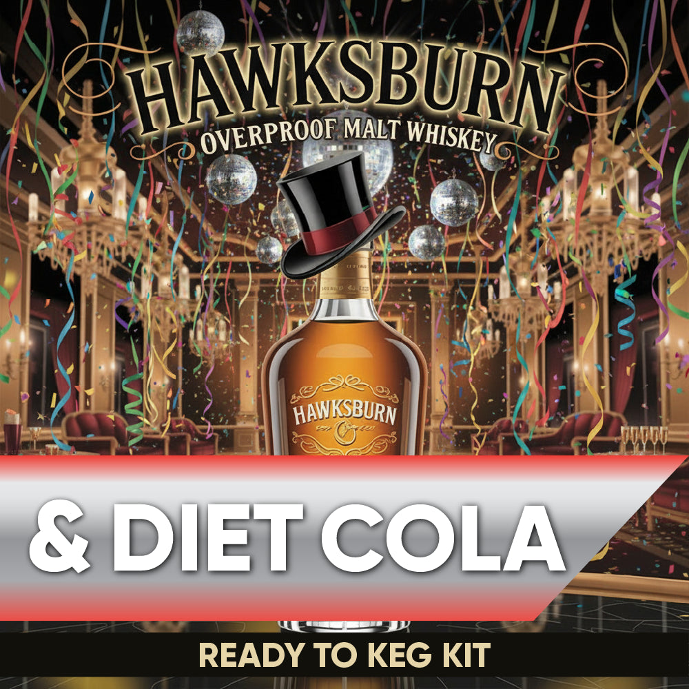 Hawksburn overproof malt whiskey bottle with a top hat on a festive background, labeled 'Hawksburn & Diet Cola Ready to Keg Kit'.