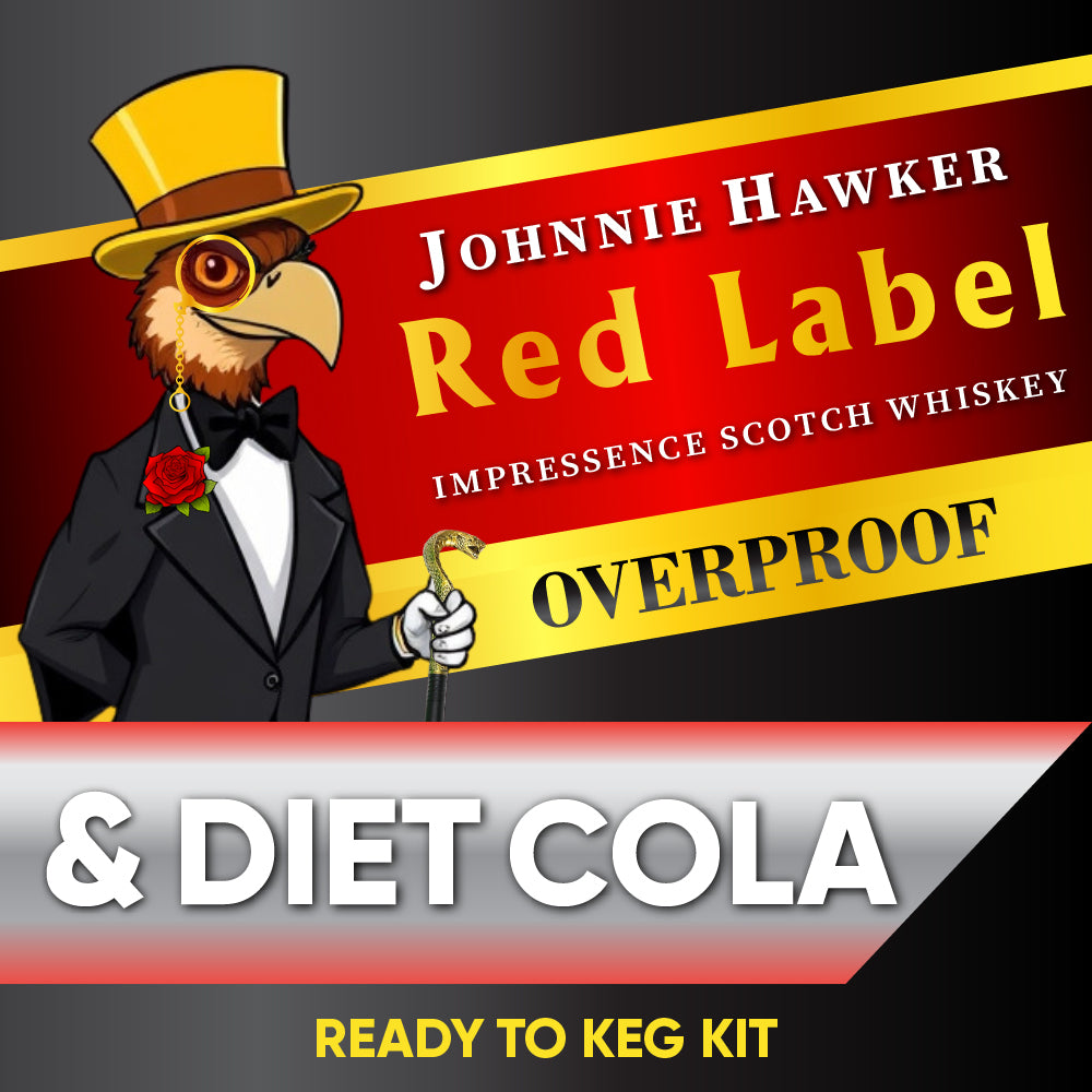 Johnnie Hawker Red Label Impresence Scotch Whiskey Overproof & Diet Cola ready to keg kit with cartoon eagle character.
