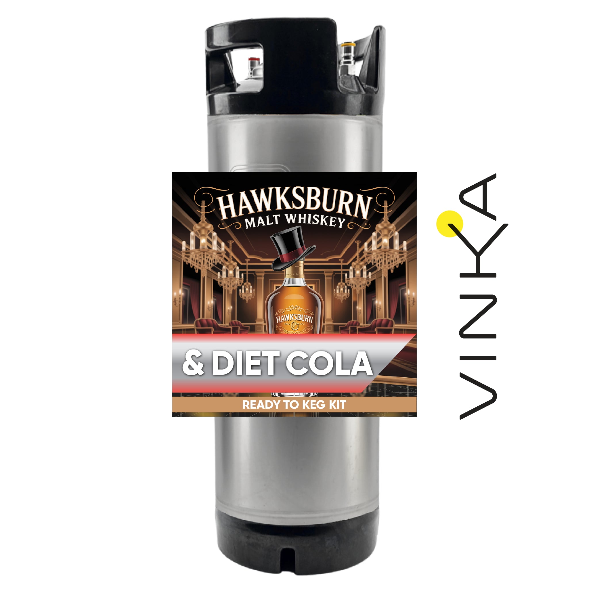 Hawksburn Malt Whiskey & Diet Cola ready-to-keg kit with Vinka branding on a white background
