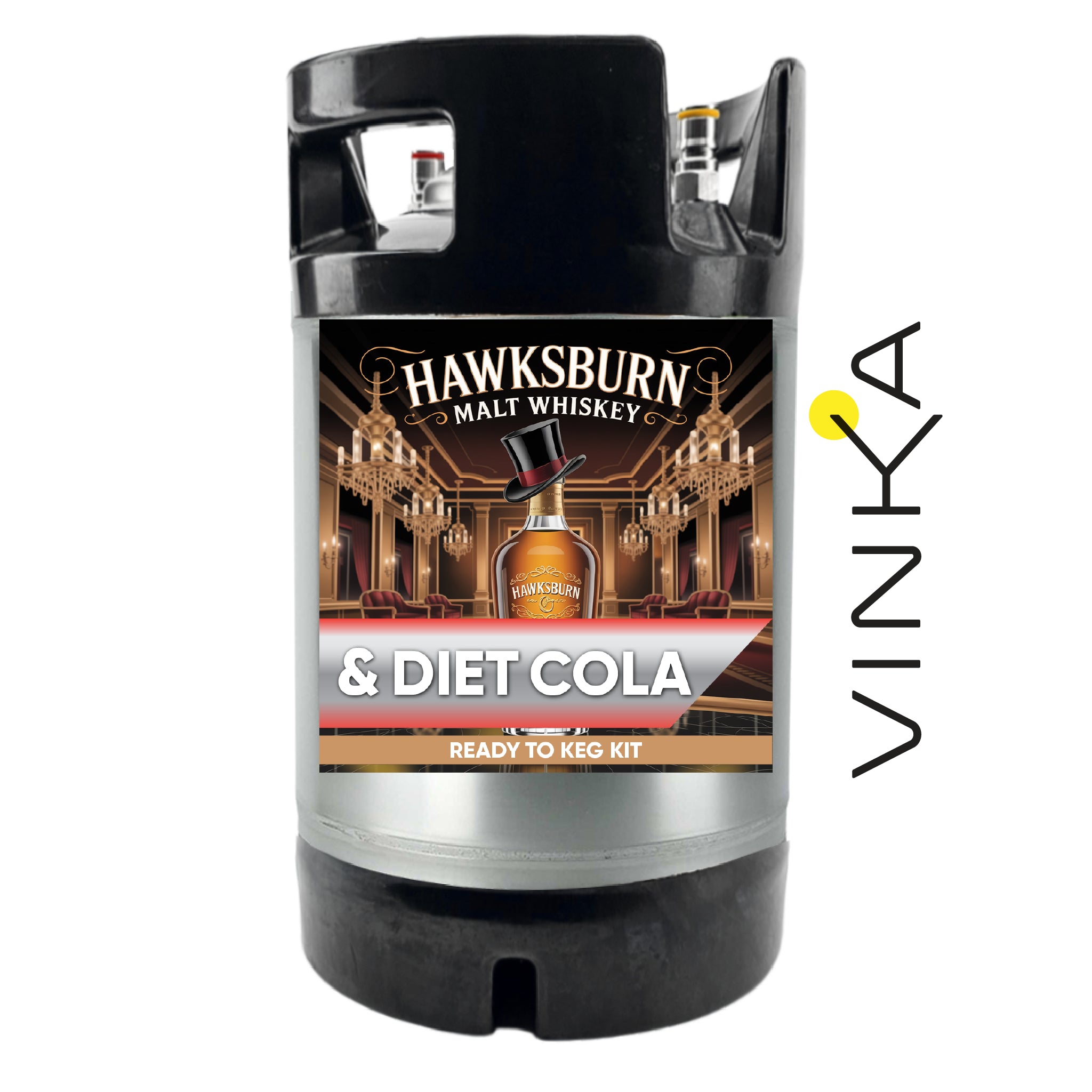 Hawksburn Malt Whiskey & Diet Cola keg kit with Vinka branding on a white background