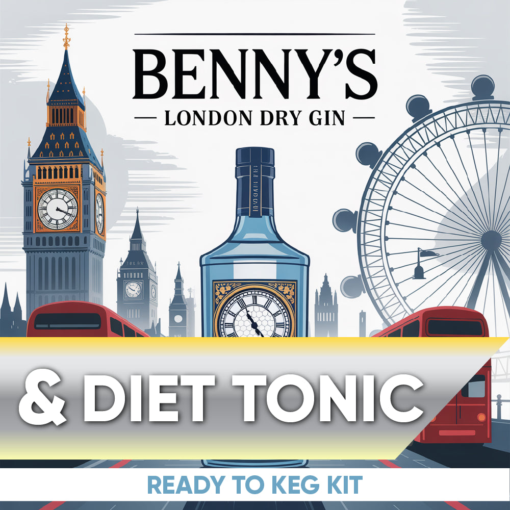 Benny's London Dry Gin & Diet Tonic advertisement with iconic London landmarks.