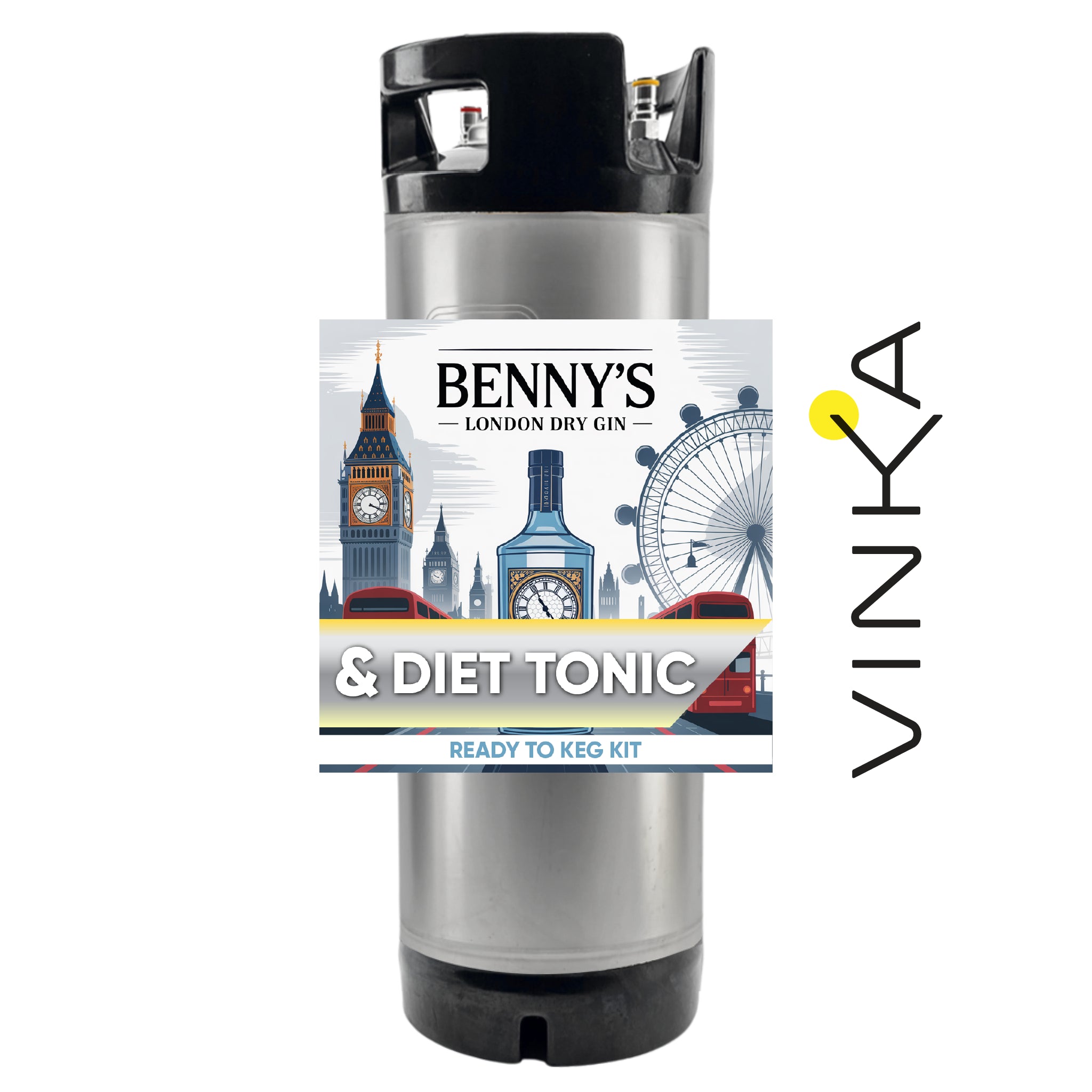 Benny's London Dry Gin and Diet Tonic ready-to-keg kit with Vinka branding on a white background