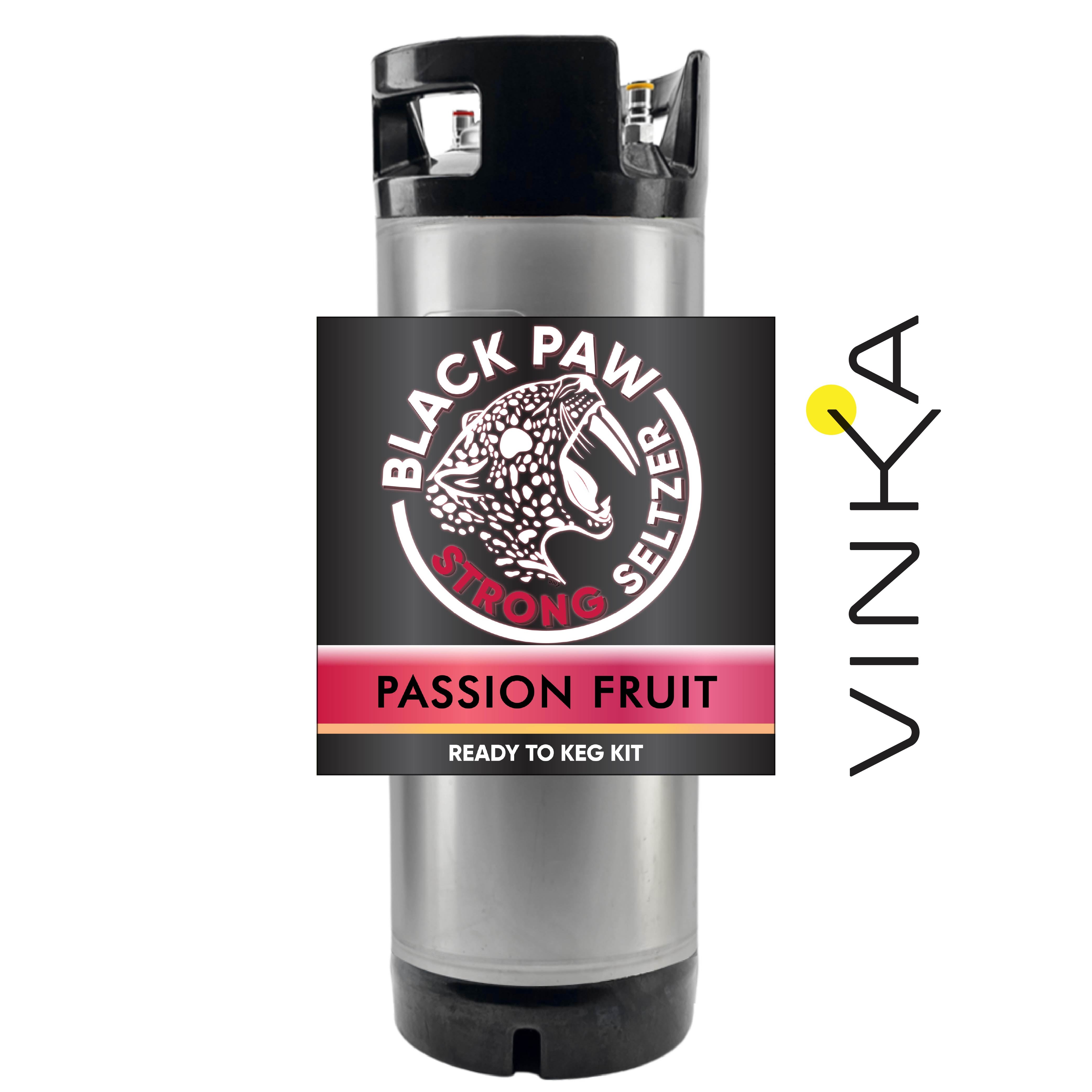 Black Paw Strong Seltzer Passion Fruit ready-to-keg kit with Vinka branding on a white background