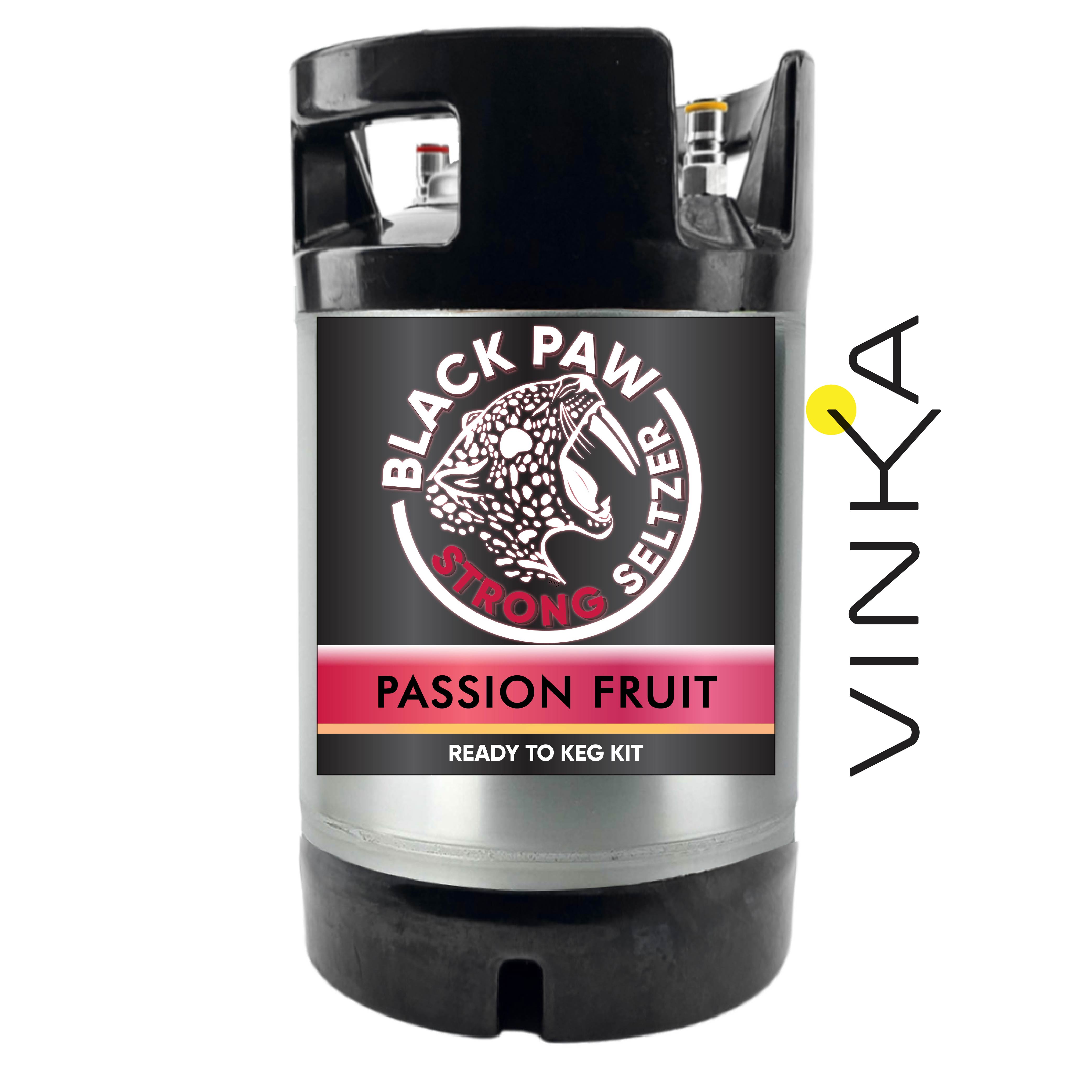 Black Paw Strong Seltzer Passion Fruit keg kit with Vinka branding on a white background