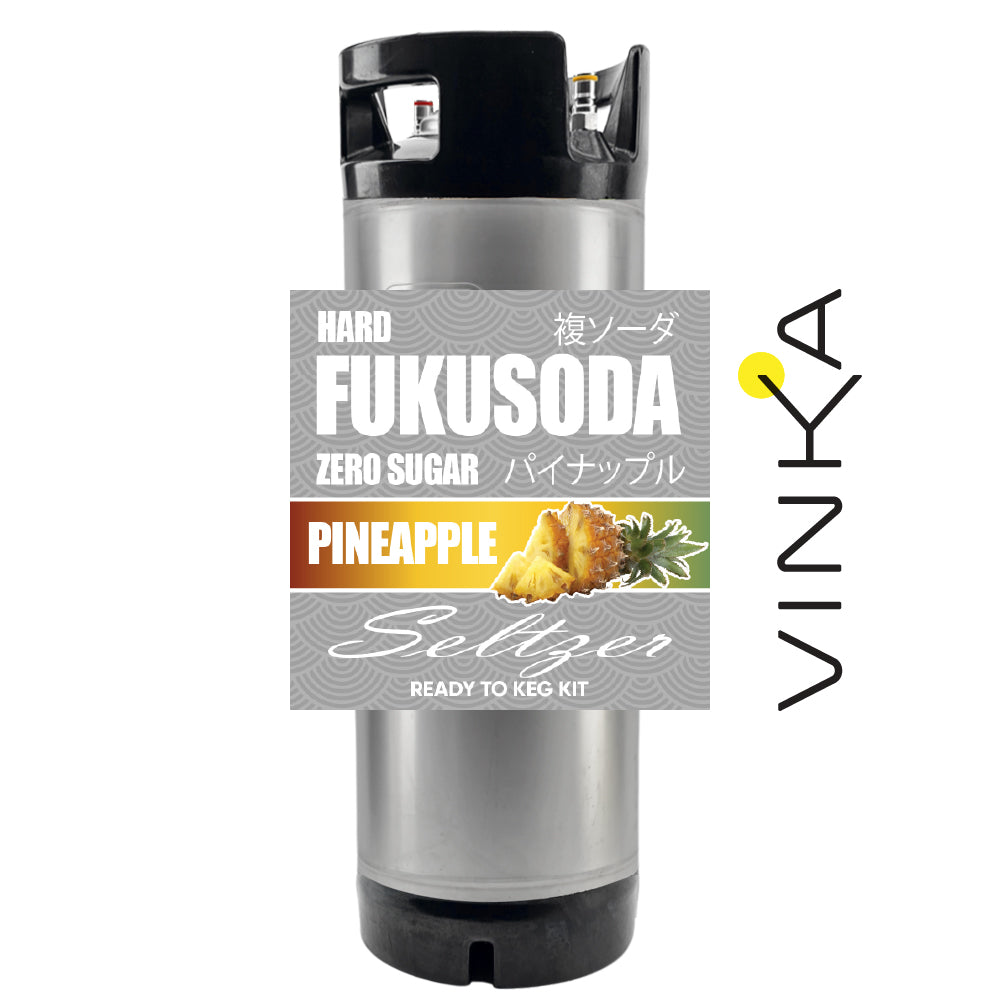 Fukusoda zero sugar pineapple seltzer ready to keg kit with Vinka branding on a white background