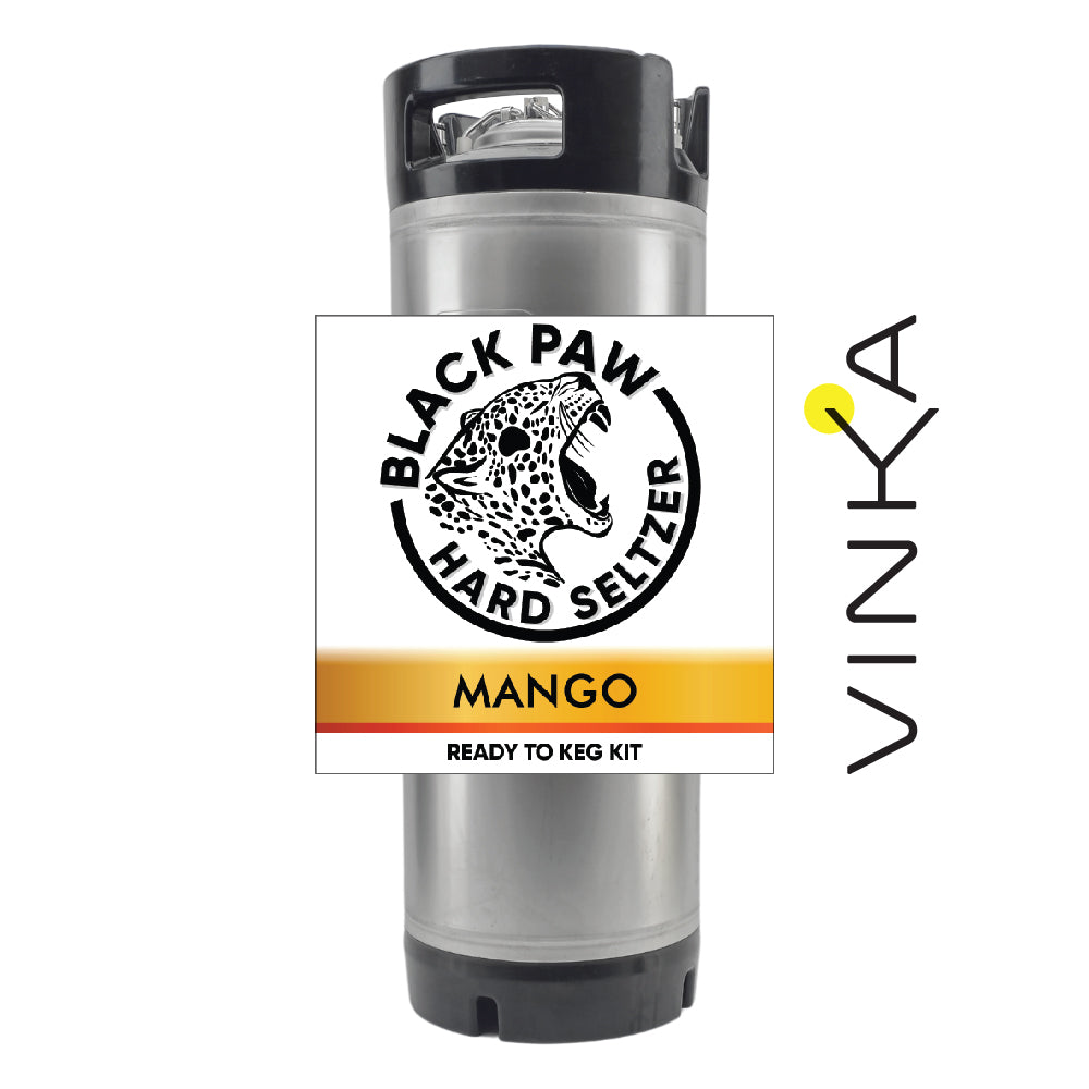 Label of Black Paw Hard Seltzer Mango Ready to Keg Kit with a stylized paw print and mango indicated by the text.