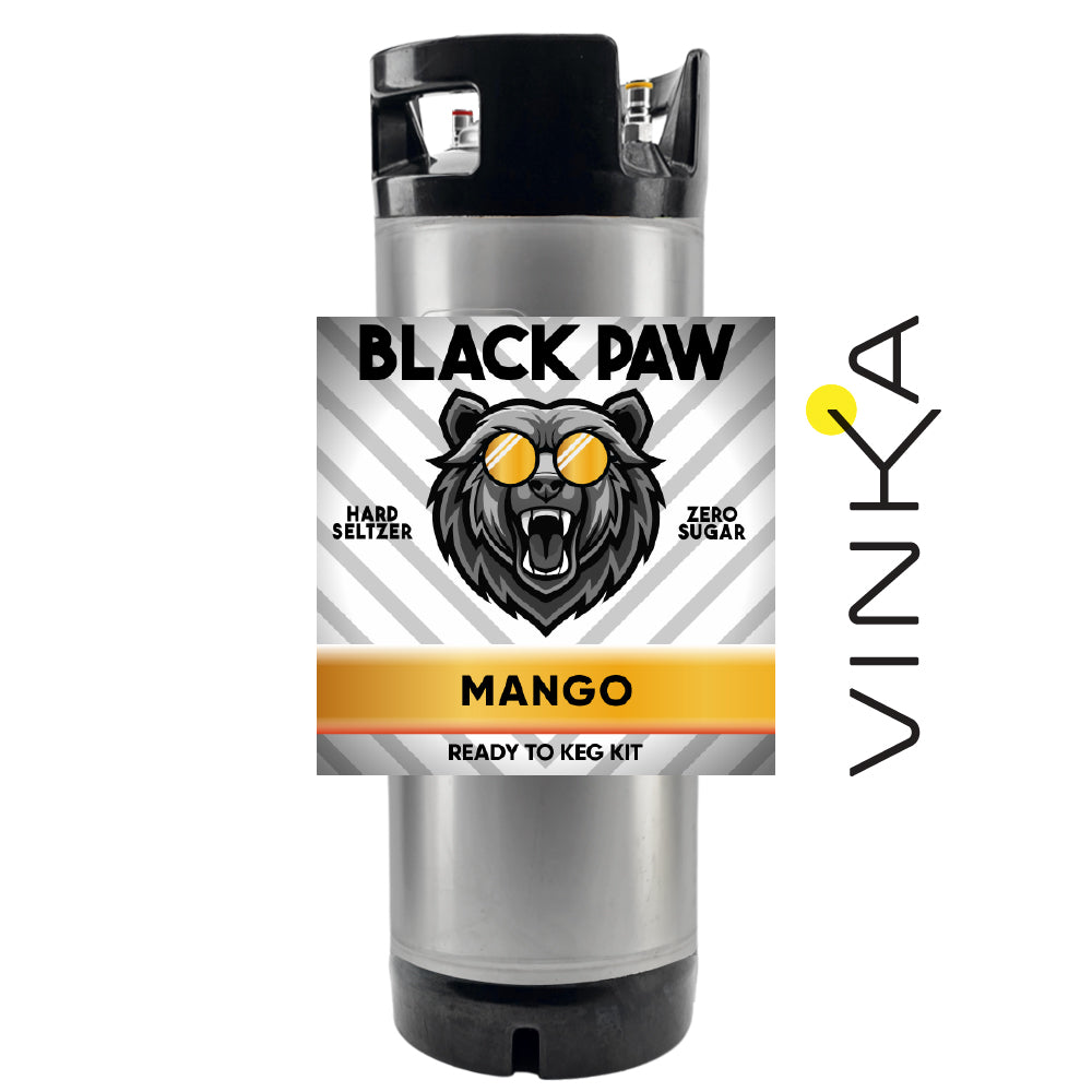 Label of Black Paw Hard Seltzer Mango Ready to Keg Kit with a stylized paw print and mango indicated by the text.