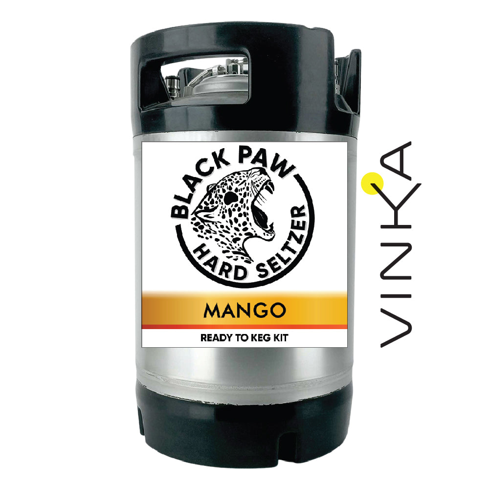 Label of Black Paw Hard Seltzer featuring a leopard face, Mango flavor, and indicating it is a ready to keg kit.
