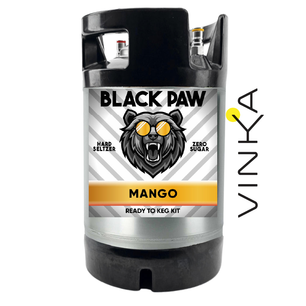 Label of Black Paw Hard Seltzer featuring a leopard face, Mango flavor, and indicating it is a ready to keg kit.