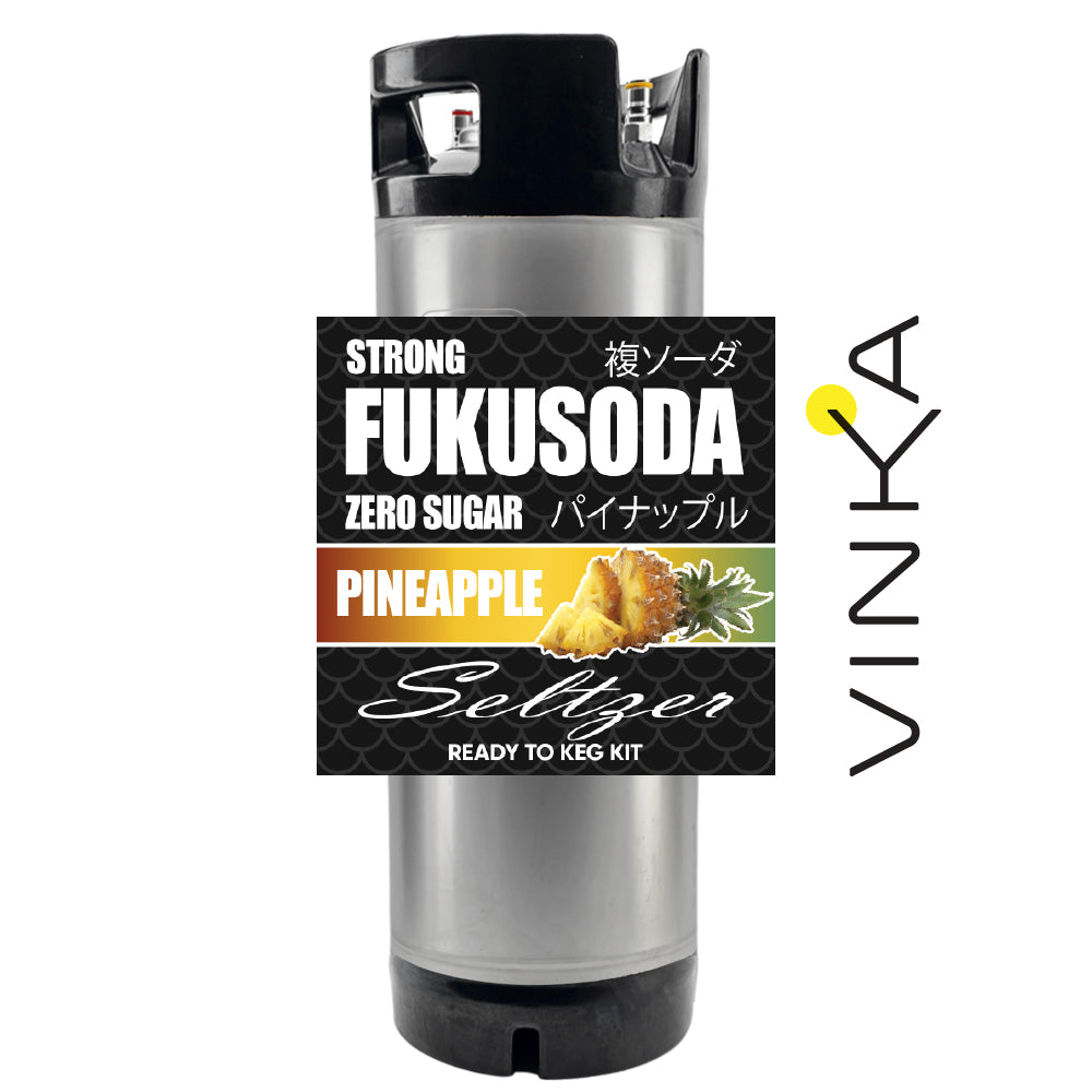 Fukusoda zero sugar pineapple seltzer ready to keg kit with Vinka branding on a white background