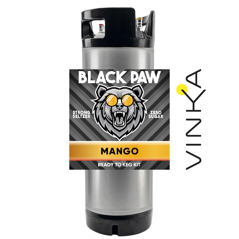 Black Paw Strong Seltzer Mango ready-to-keg kit with Vinka branding on a white background