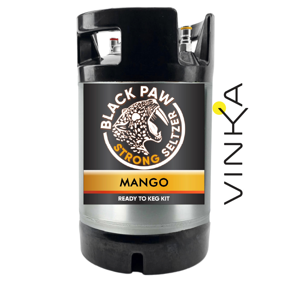 Black Paw Strong Seltzer Mango ready-to-keg kit with Vinka branding on a white background