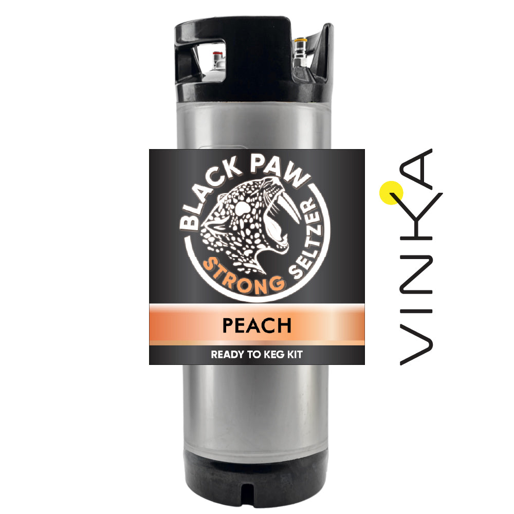 Black Paw Strong Seltzer Peach ready-to-keg kit with Vinka branding on a white background