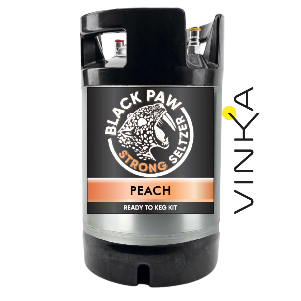 Black Paw Strong Seltzer Peach ready-to-keg kit with Vinka branding on a white background