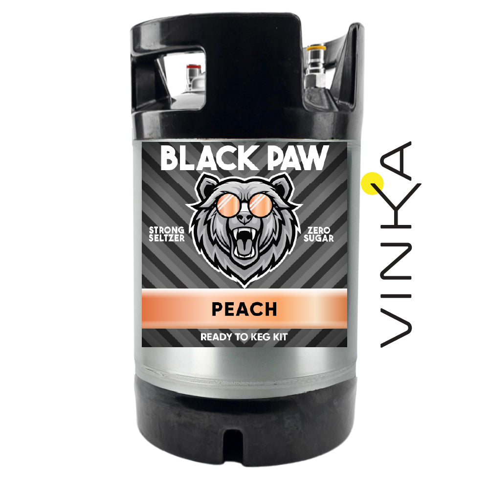 Black Paw Strong Seltzer Peach ready-to-keg kit with Vinka branding on a white background