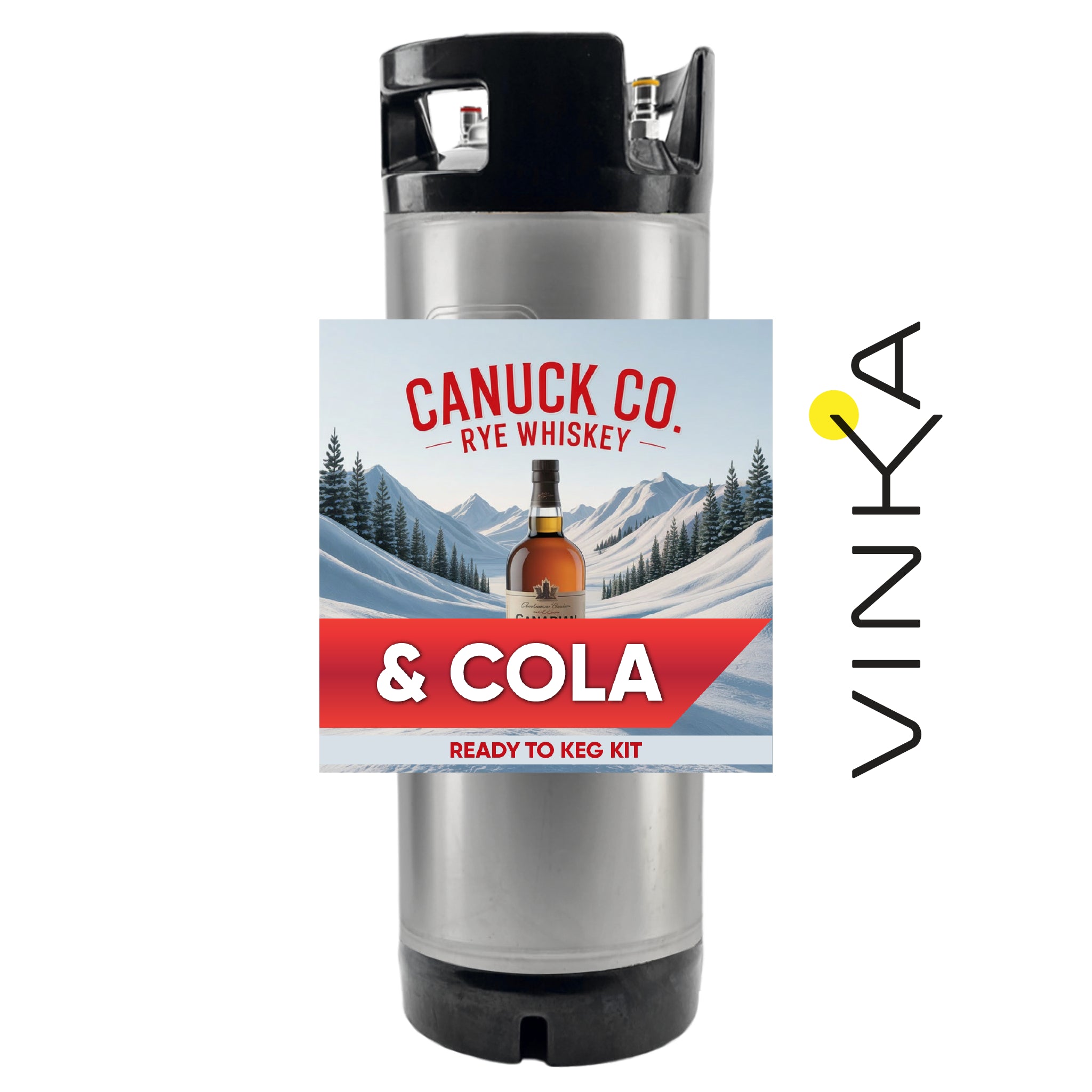 Canuck Co Rye Whiskey & Cola ready-to-keg kit with Vinka branding on a white background