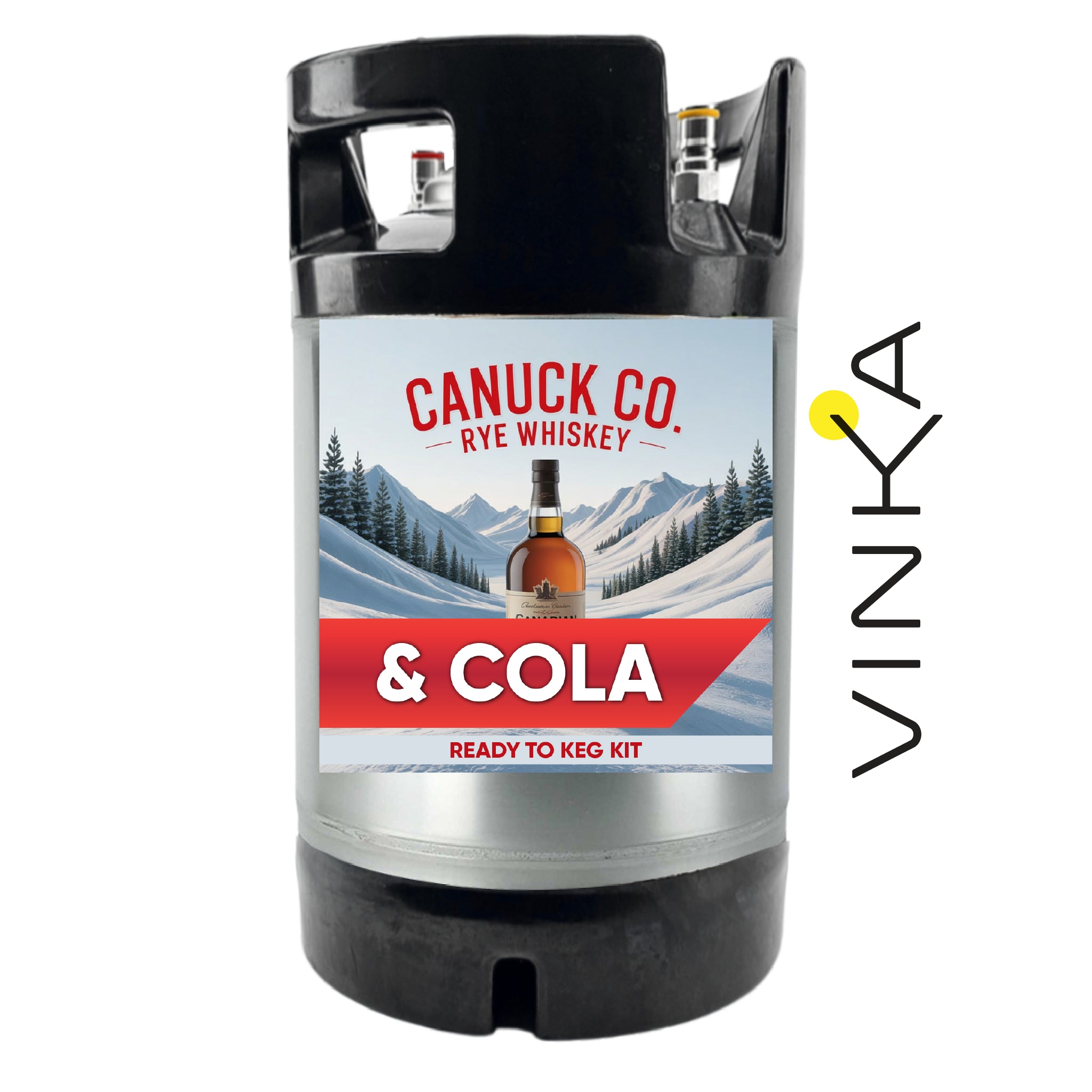 Canuck Co Rye Whiskey & Cola keg kit with Vinka branding on a white background