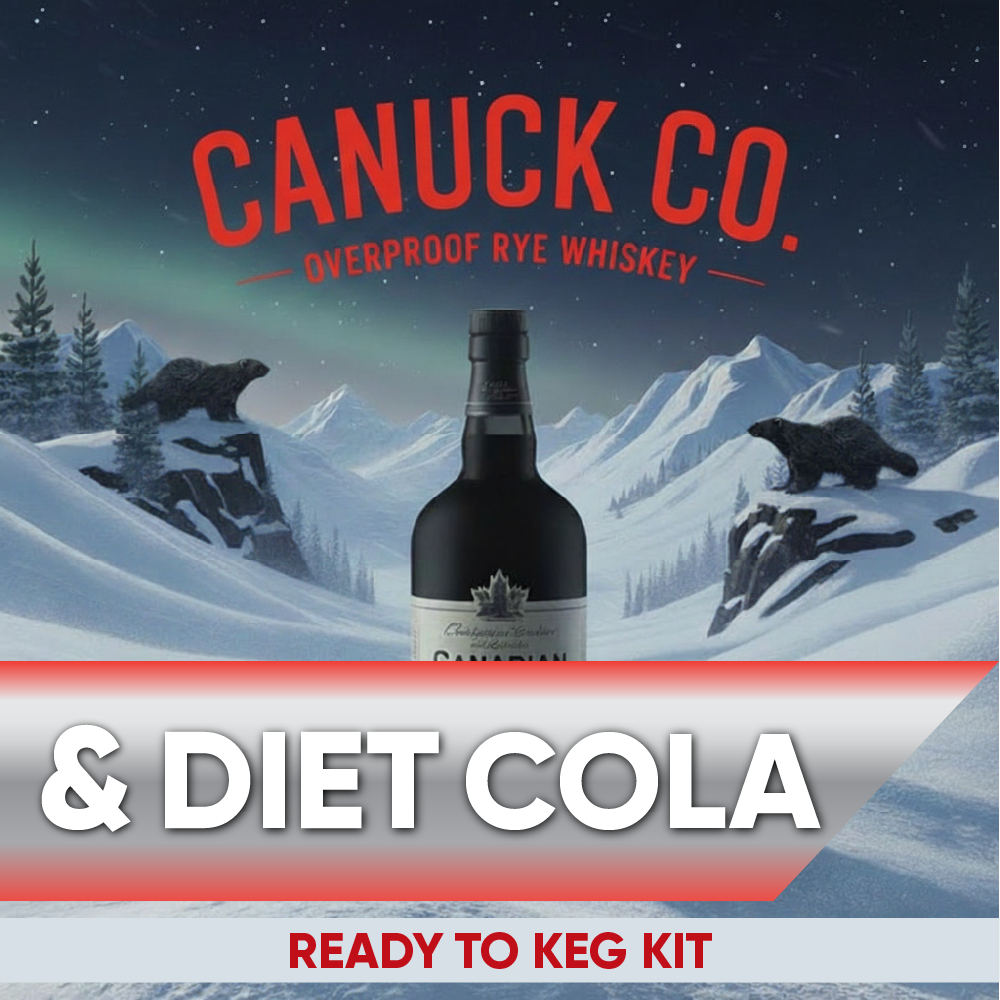 Bottle of Canuck Co. overproof rye whiskey with bears in a snowy mountain scene, labeled 'Ready to Keg Kit'.