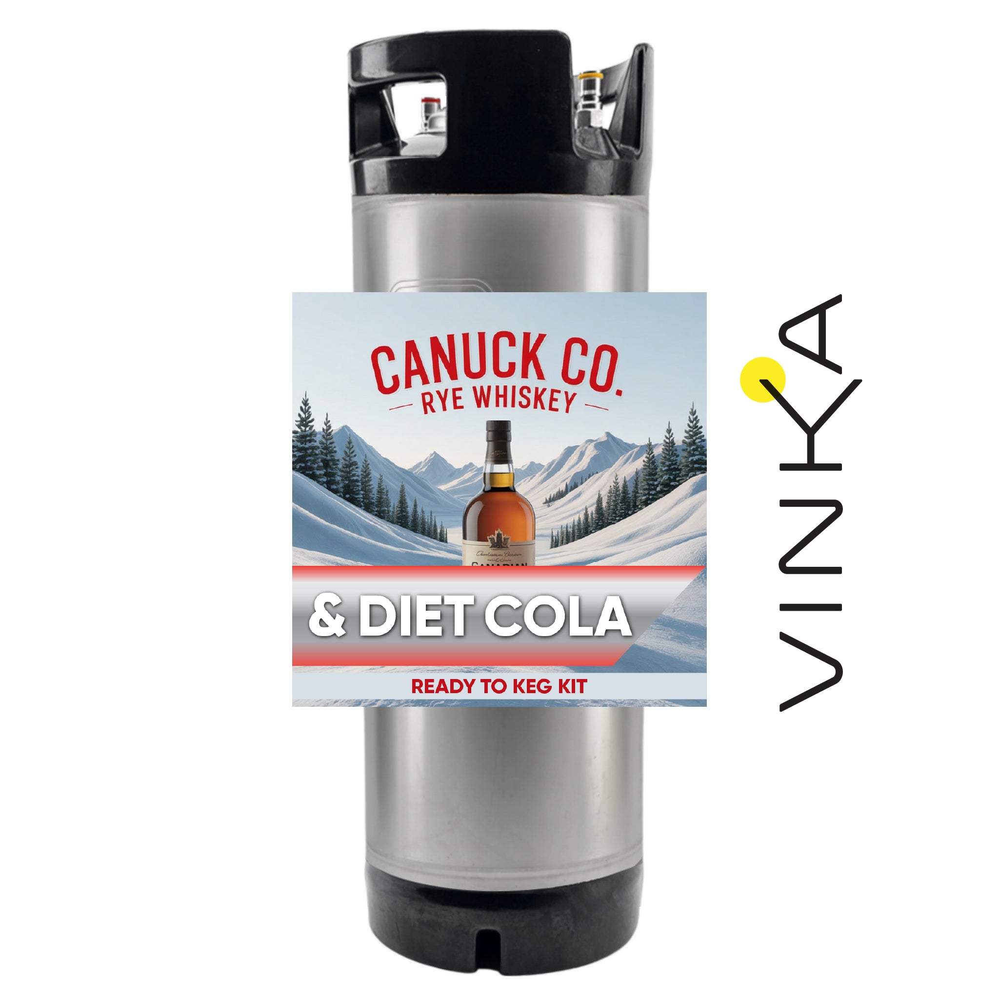 Canuck Co Rye Whiskey & Diet Cola ready-to-keg kit with Vinka branding on a white background