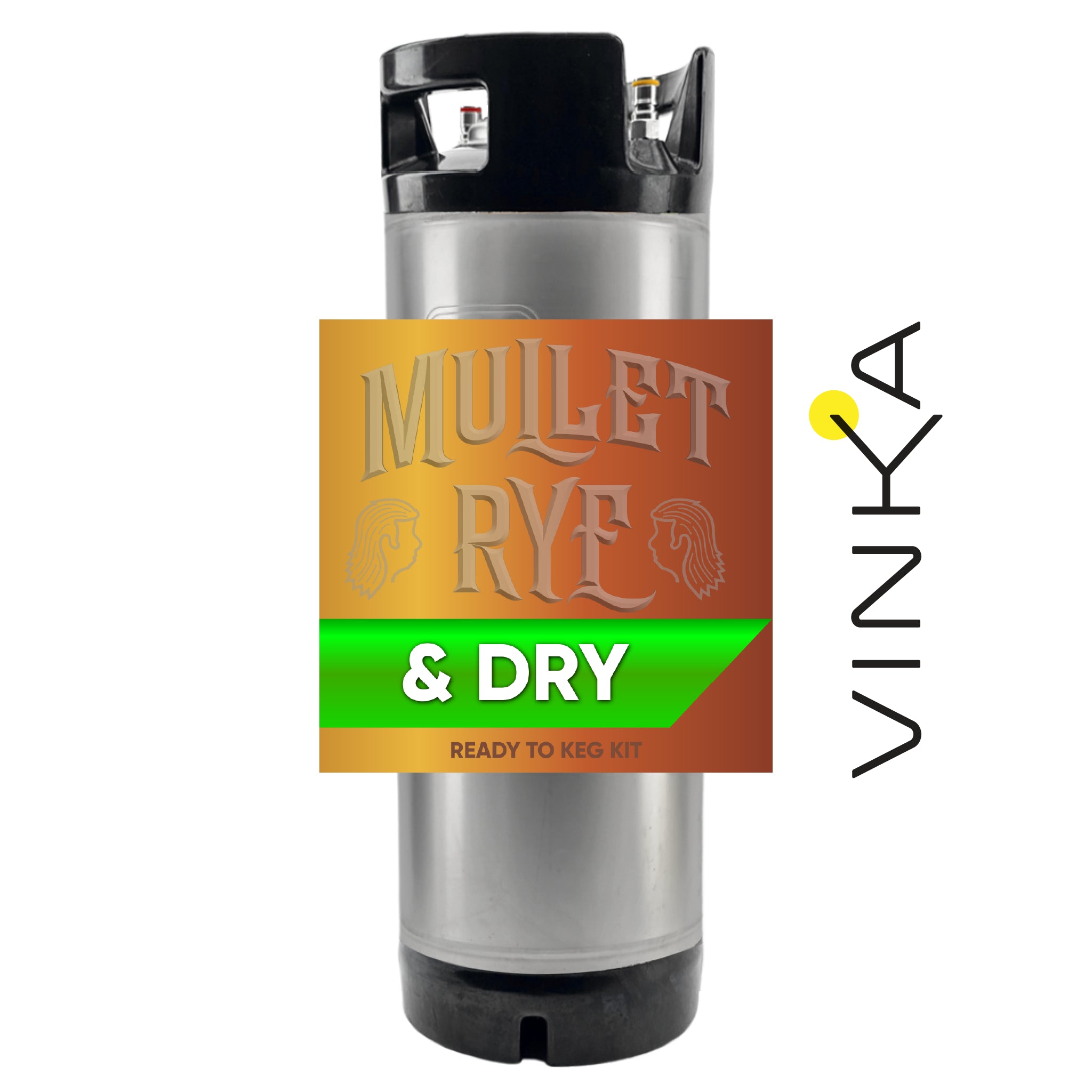 Metal canister with 'Mullet Rye & Dry' label and Vinka logo on a white background