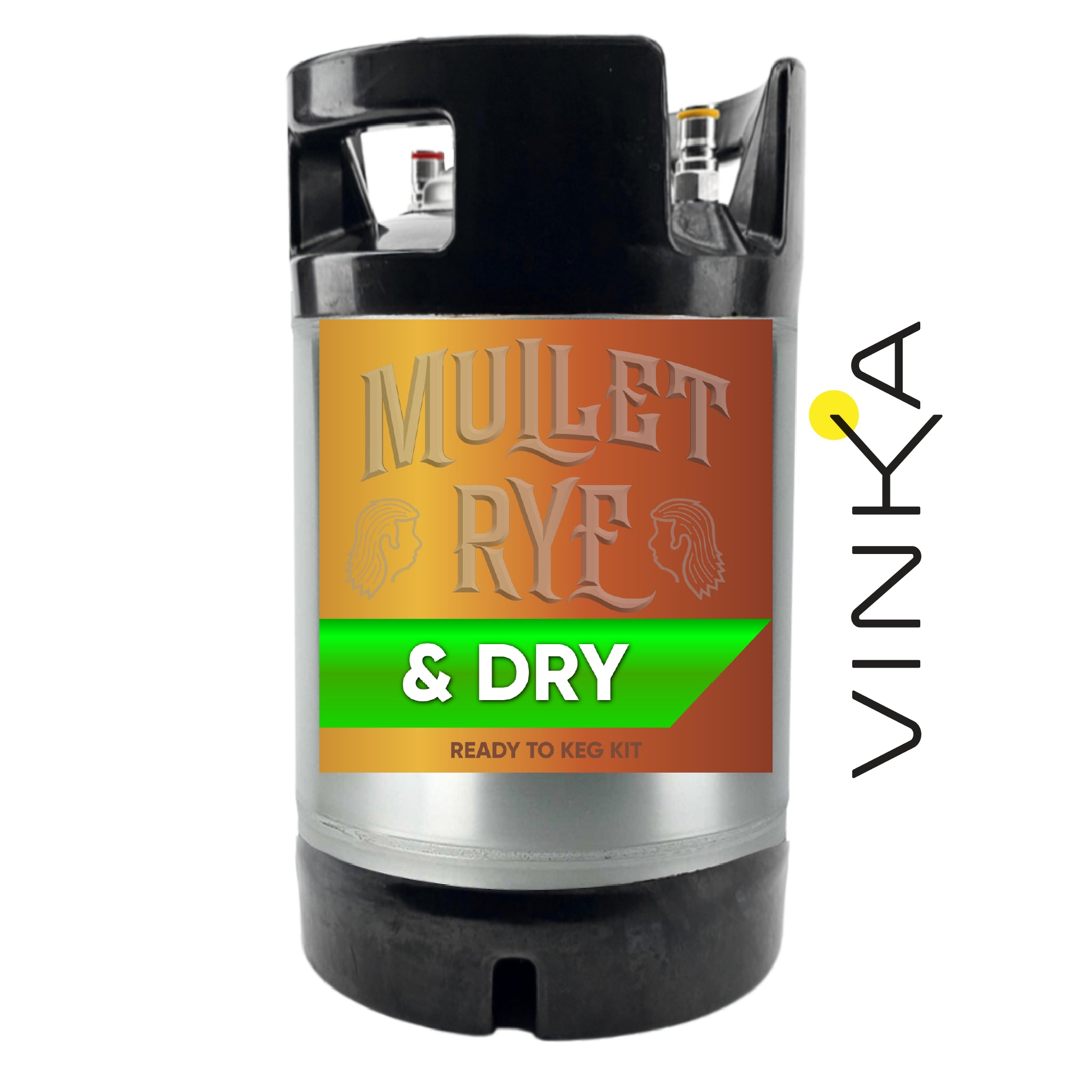 Mullet Rye & Dry beer keg kit with Vinka branding on a white background