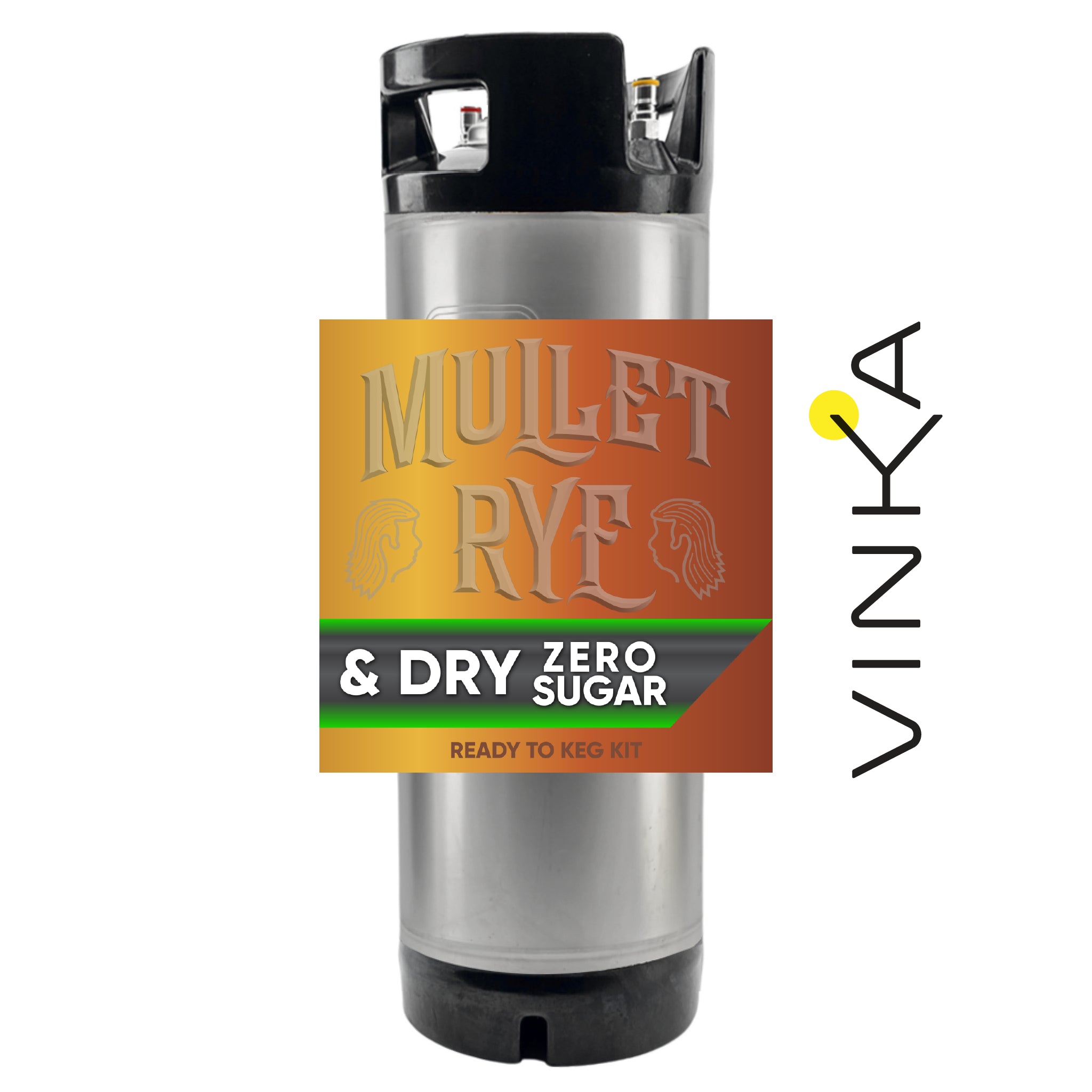 Metallic canister with 'Mullet Rye & Dry Zero Sugar' label and Vinka branding on a white background