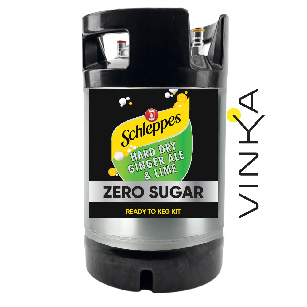 Schleppes Hard Dry Ginger Ale & Lime Zero Sugar keg kit with Vinka branding on a white background