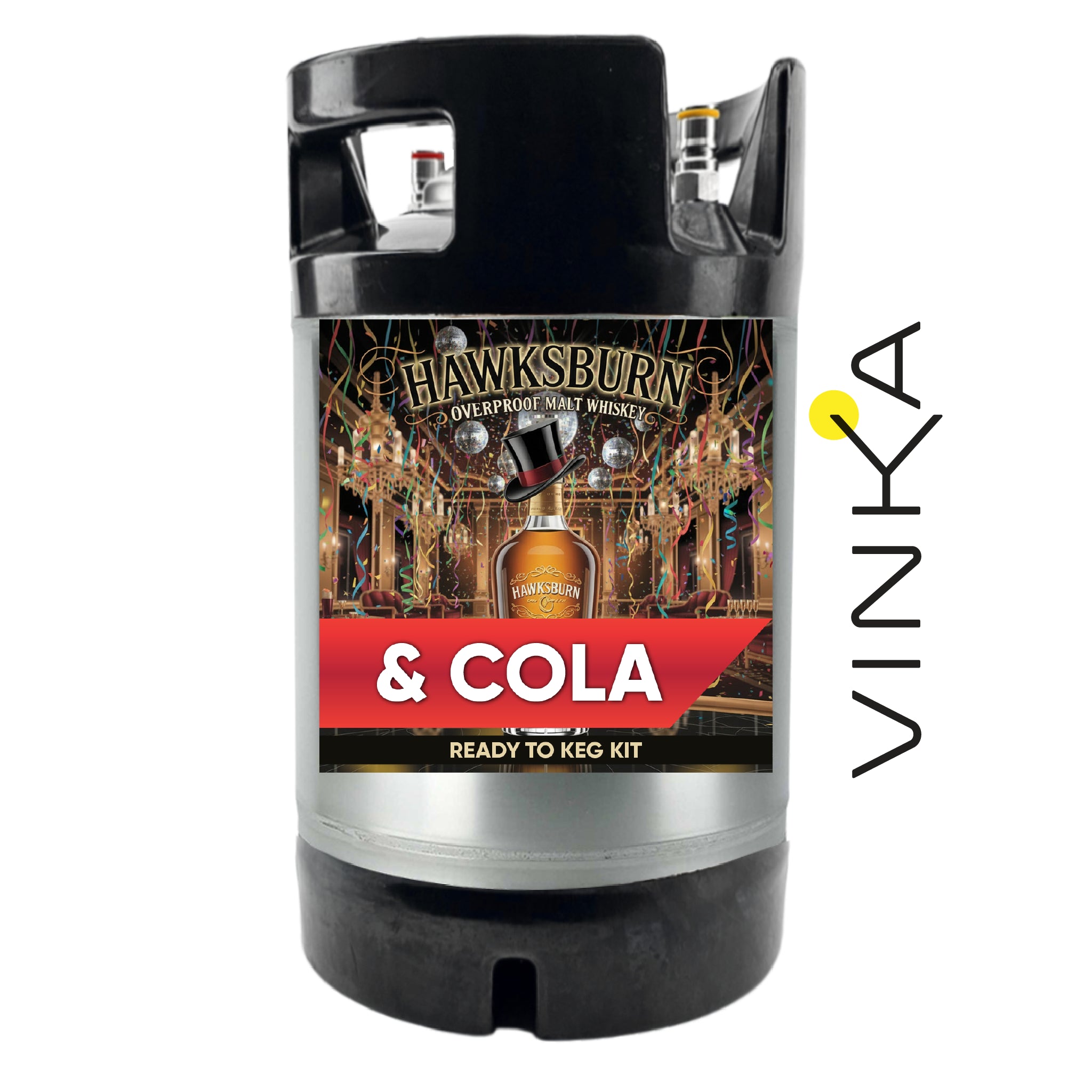 Hawksburn & Cola ready-to-keg kit with Vinka branding on a white background