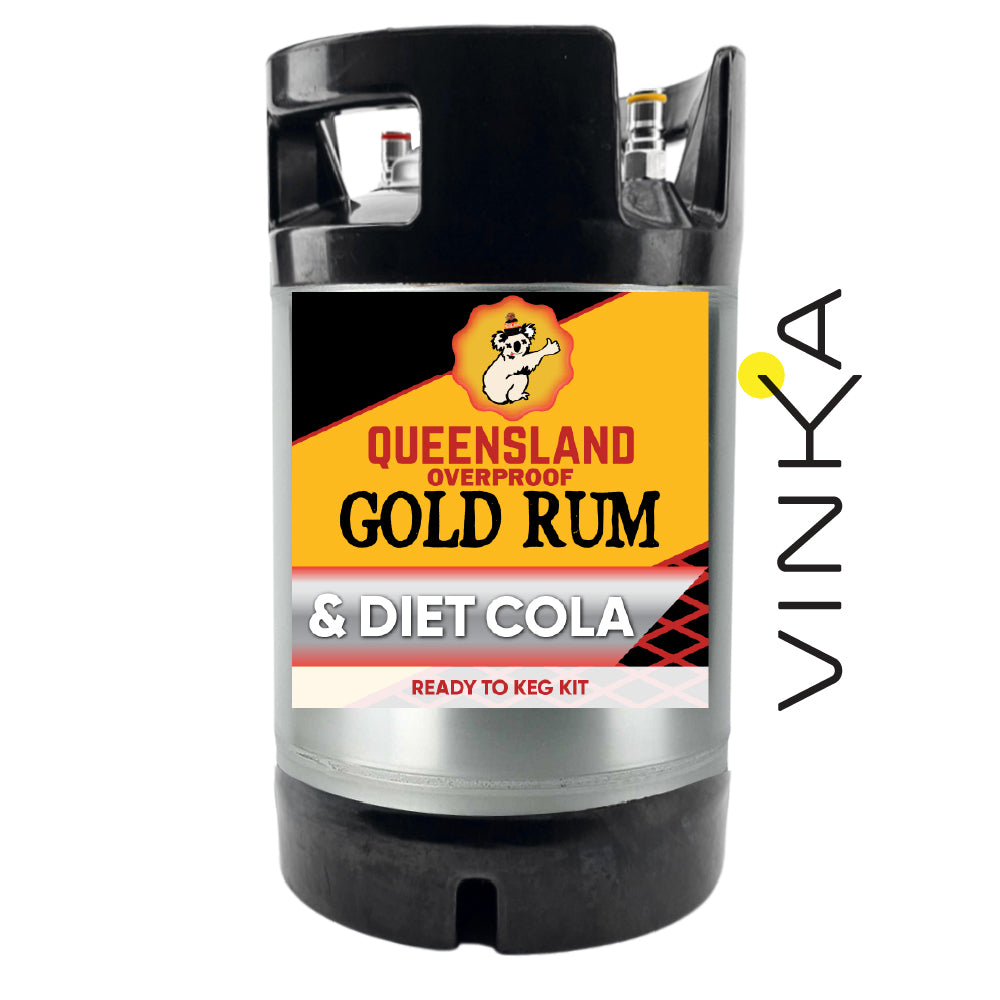 Queensland Overproof Gold Rum & Diet Cola keg kit with Vinka branding on a white background