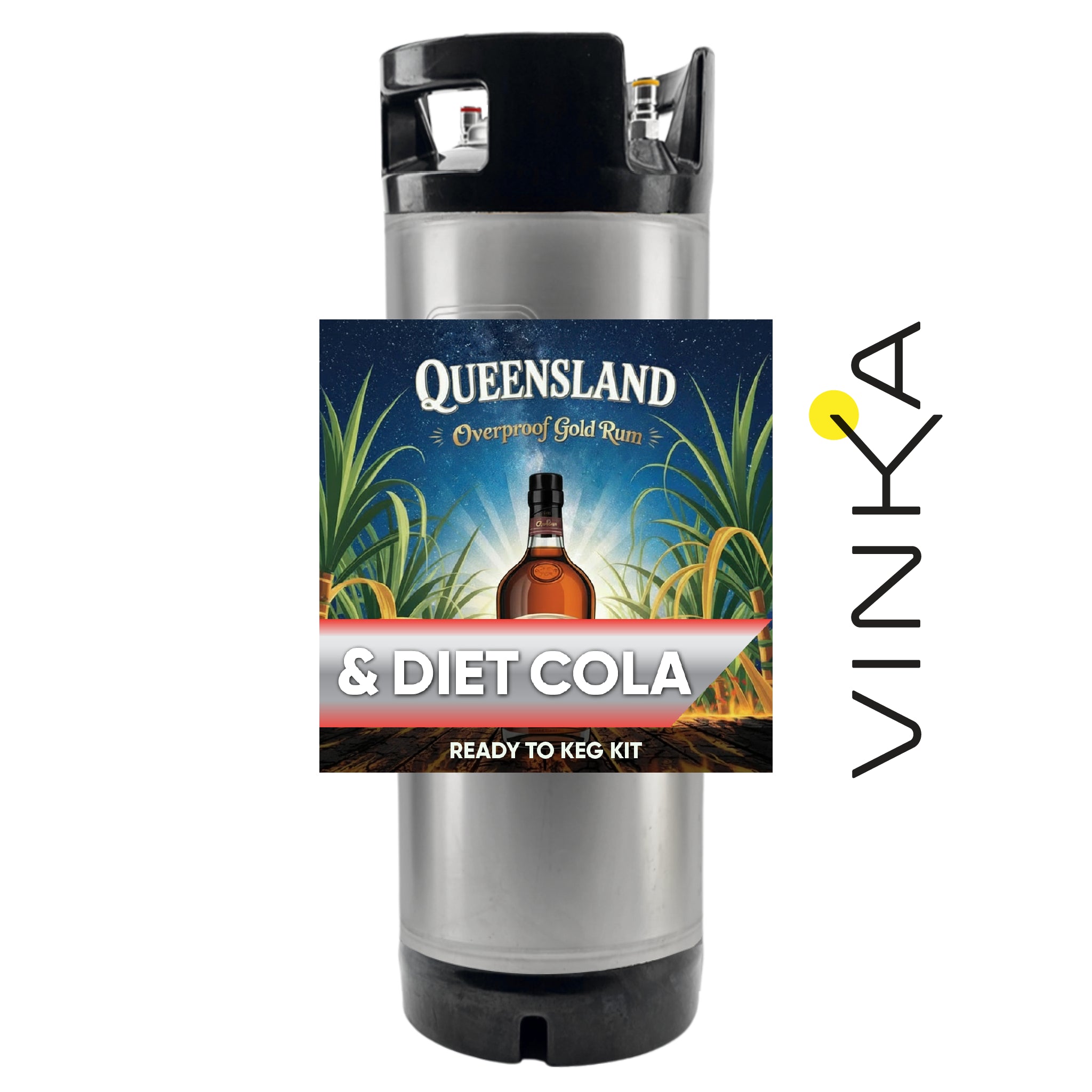 Queensland Overproof Gold Rum & Diet Cola ready-to-keg kit with Vinka branding on a white background