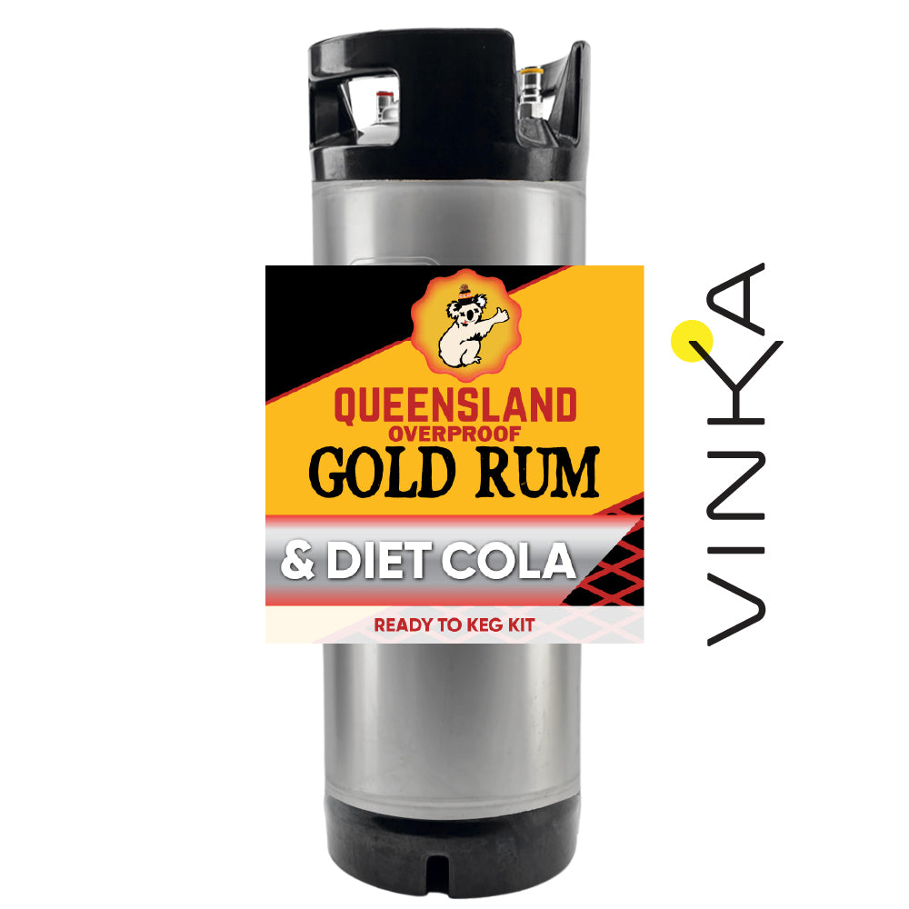 Queensland Overproof Gold Rum & Diet Cola ready to keg kit with Vinka branding on a white background