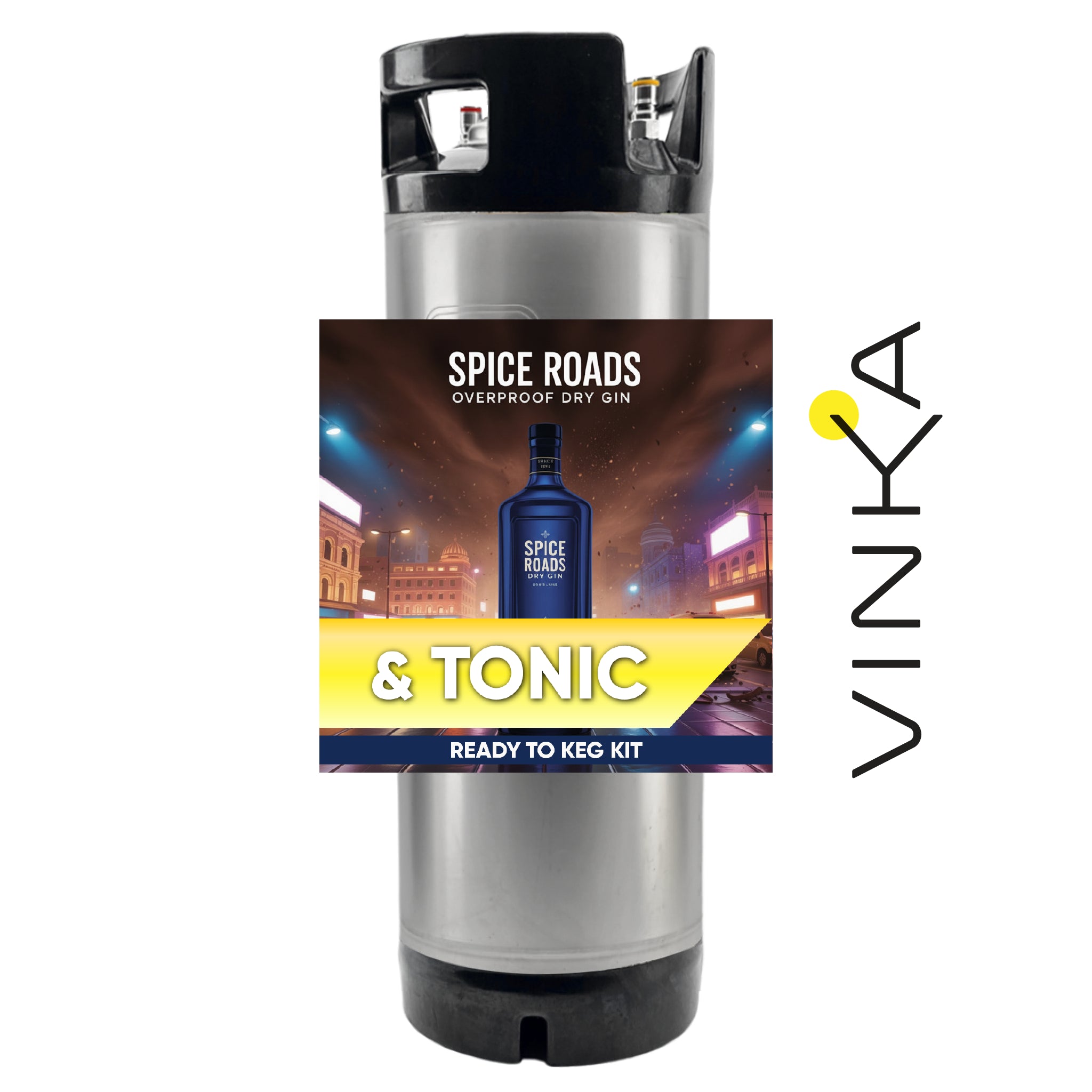 Silver and black keg with Spice Roads & Tonic packaging on a white background