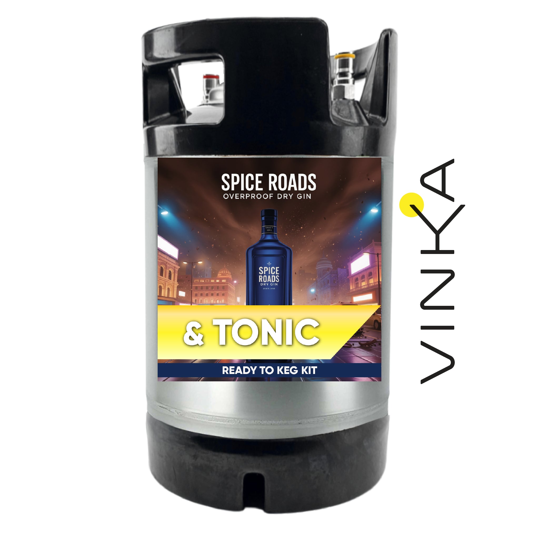 Spice Roads Gin & Tonic ready-to-keg kit with Vinka branding on a white background