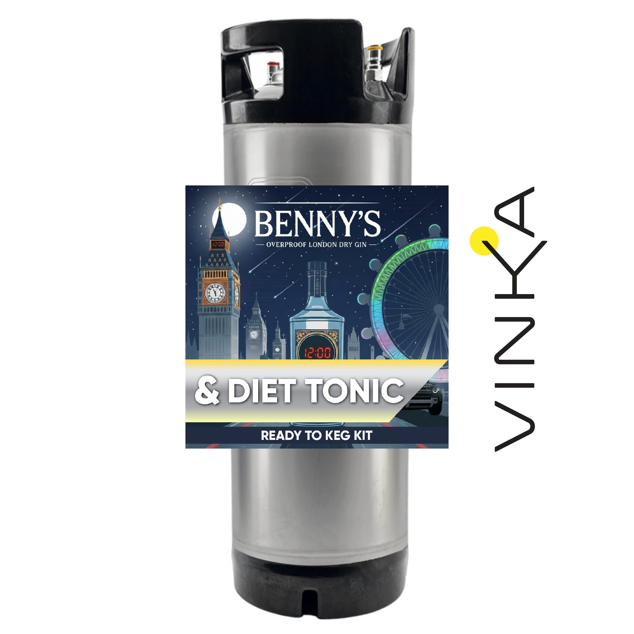 Benny's gin and tonic ready-to-keg kit with Vinka branding on a white background