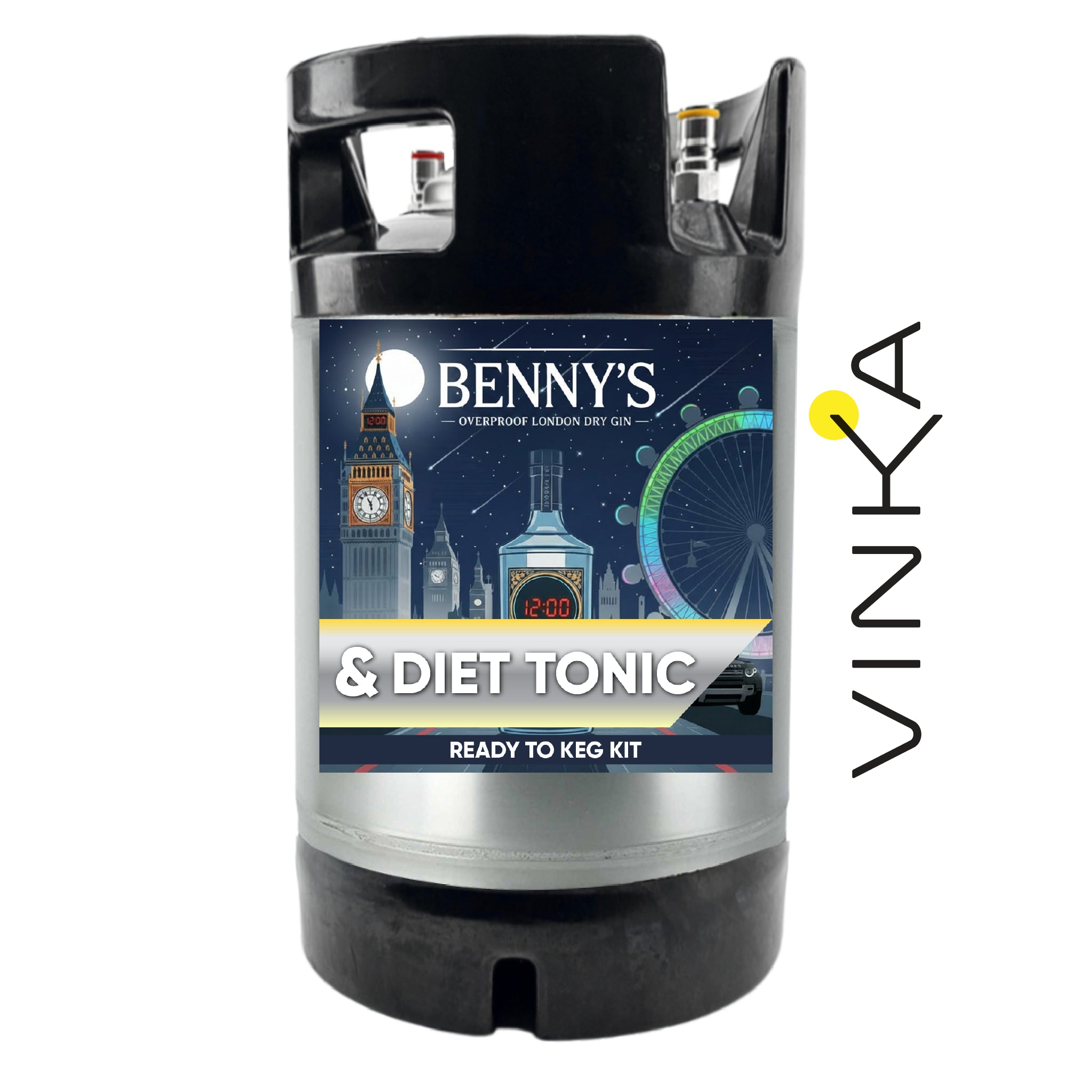 Benny's Gin & Diet Tonic ready-to-keg kit with Vinka branding on a white background