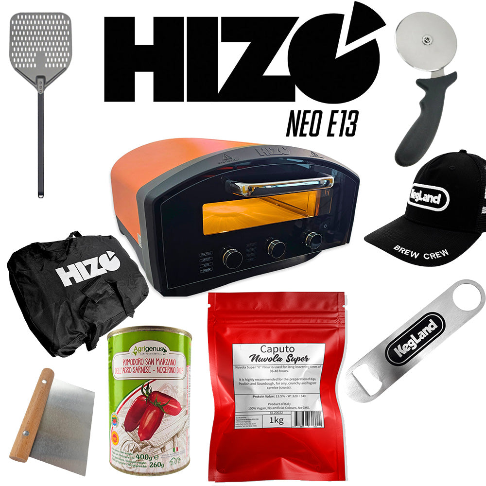A collection of pizza making accessories including a Orange HIZO NEO E13 electric pizza oven, a black kegland trucker cap, a stainless steel bar blade bottle opener, a pizza cutter, a heavy duty dough scraper, a pizza peel, a bag of Caputo Nuvola Super 0 Flour, and a can of San Marzano tomatoes.