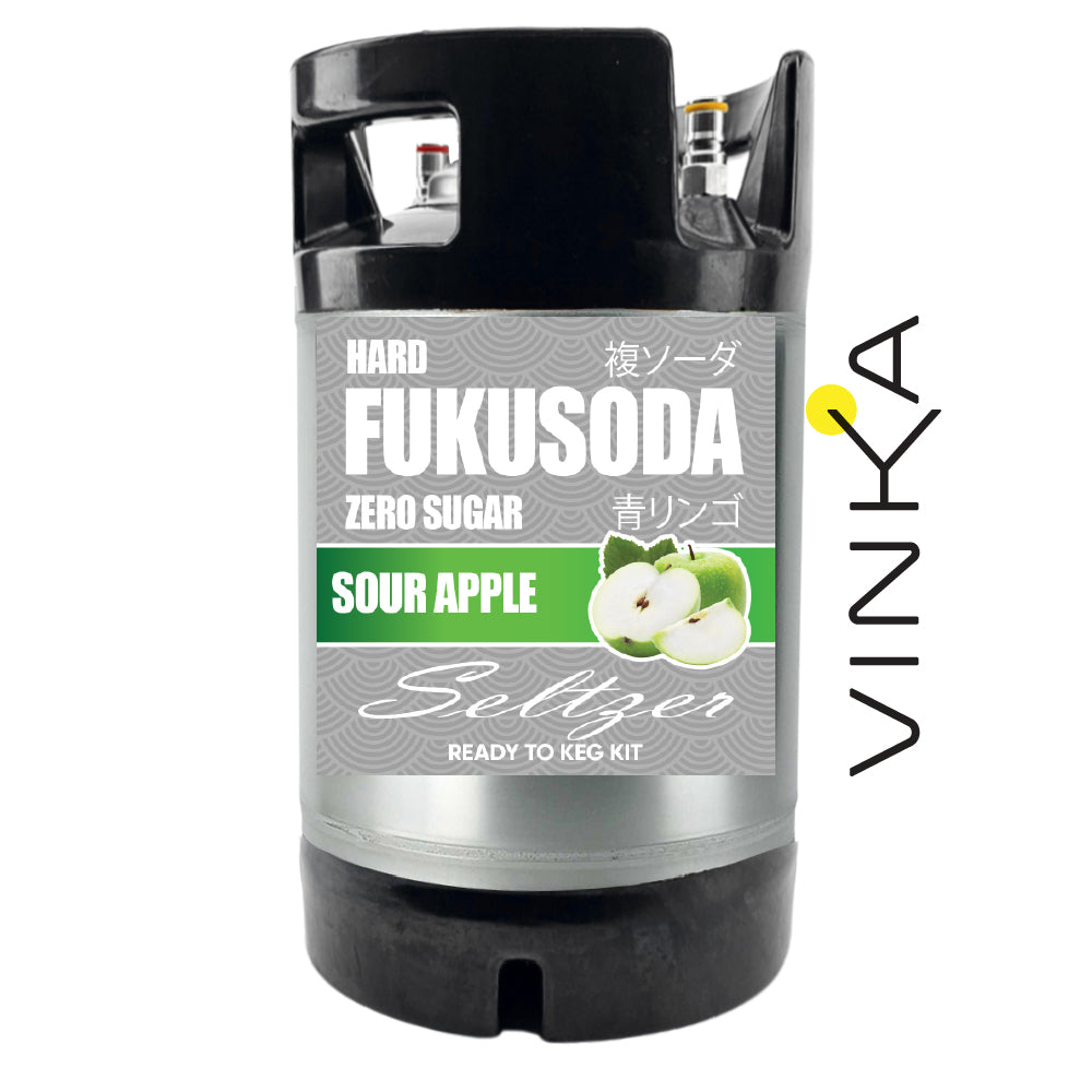 Fukusoda Zero Sugar Sour Apple Seltzer keg kit with Vinka branding on a white background