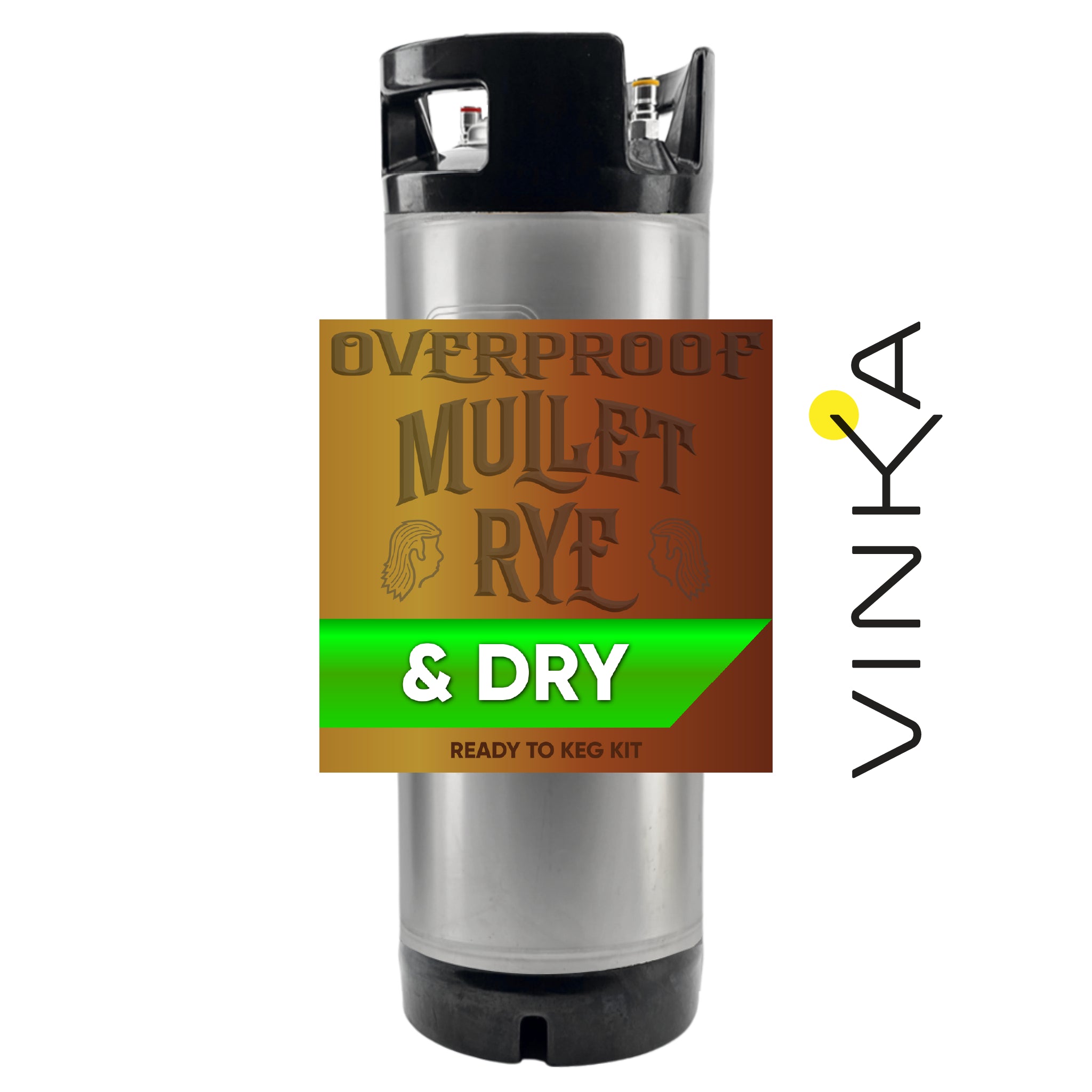 Metal canister with 'Overproof Mullet Rye & Dry' label and Vinka logo on a white background