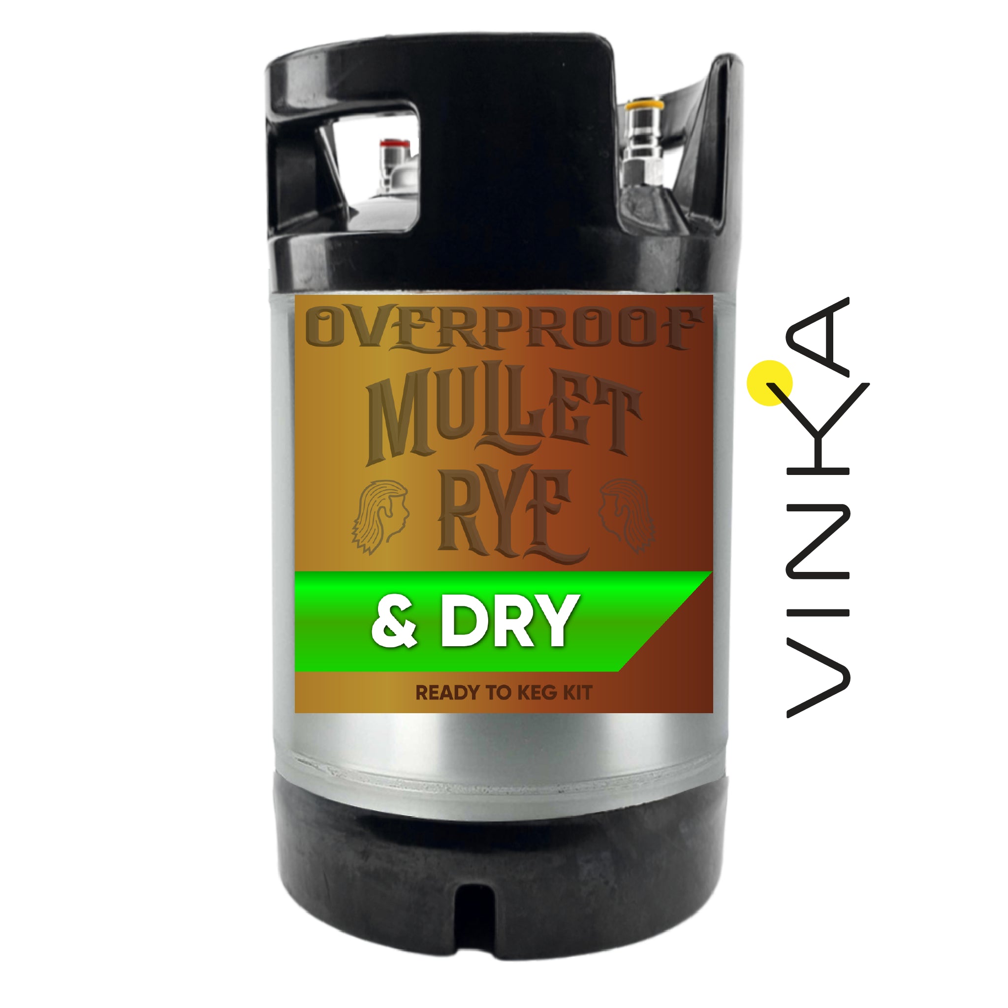 Mini keg labeled 'Overproof Mullet Rye & Dry' with Vinka branding on a white background