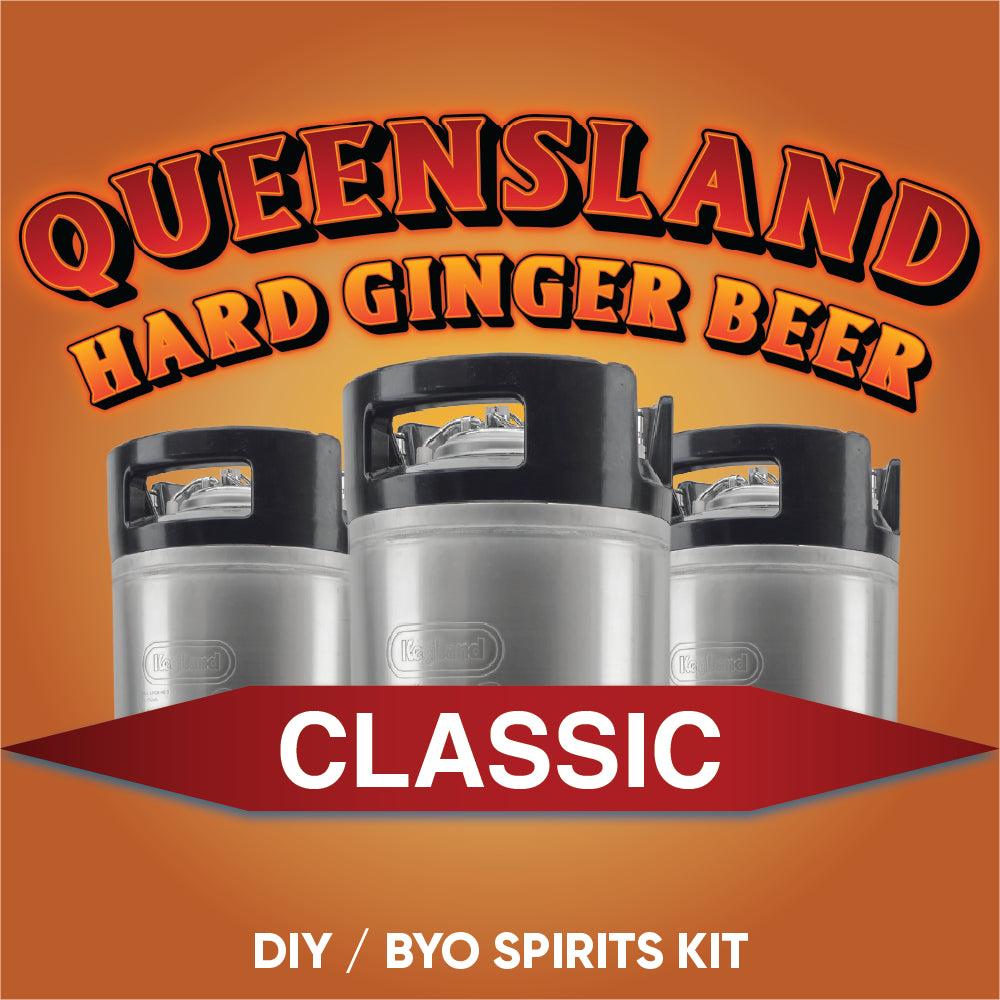 Queensland Hard Ginger Beer Classic DIY BYO Spirits Kit with kegs on an orange background