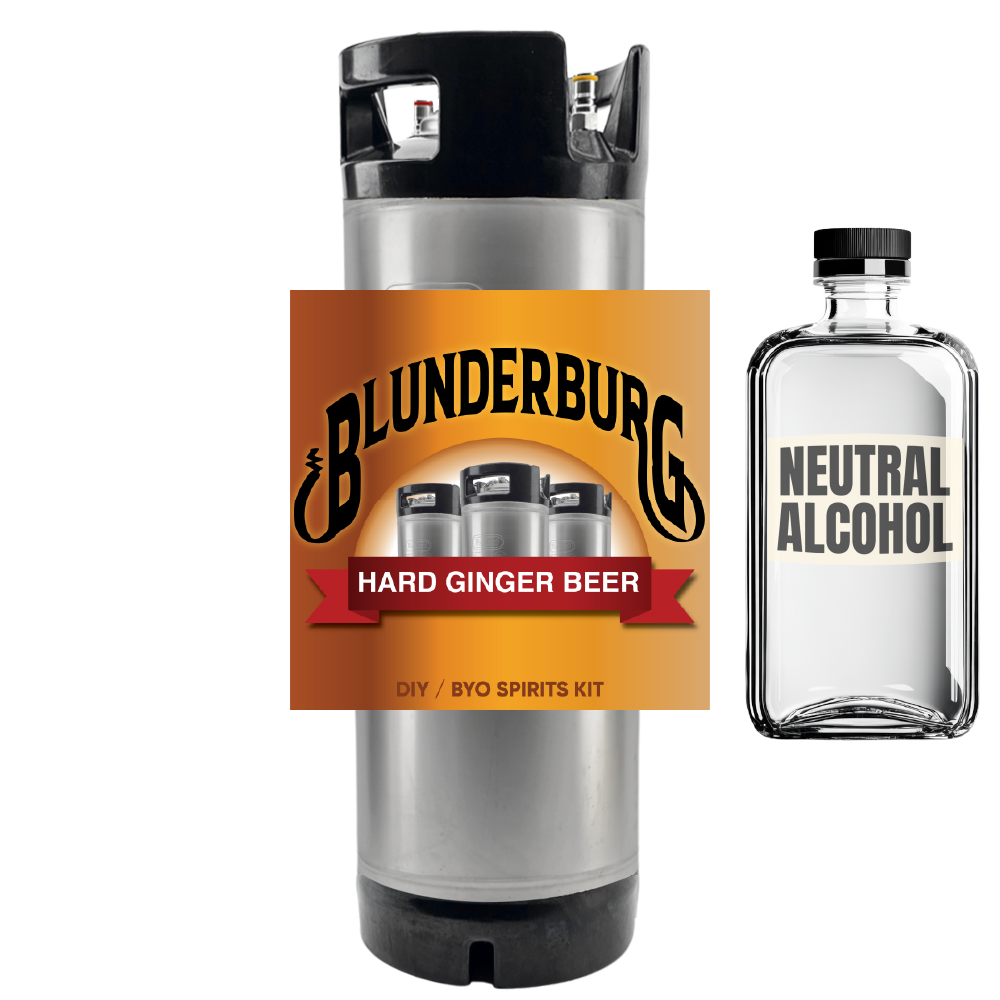 Blunderburg hard ginger beer kit and neutral alcohol bottle on a white background