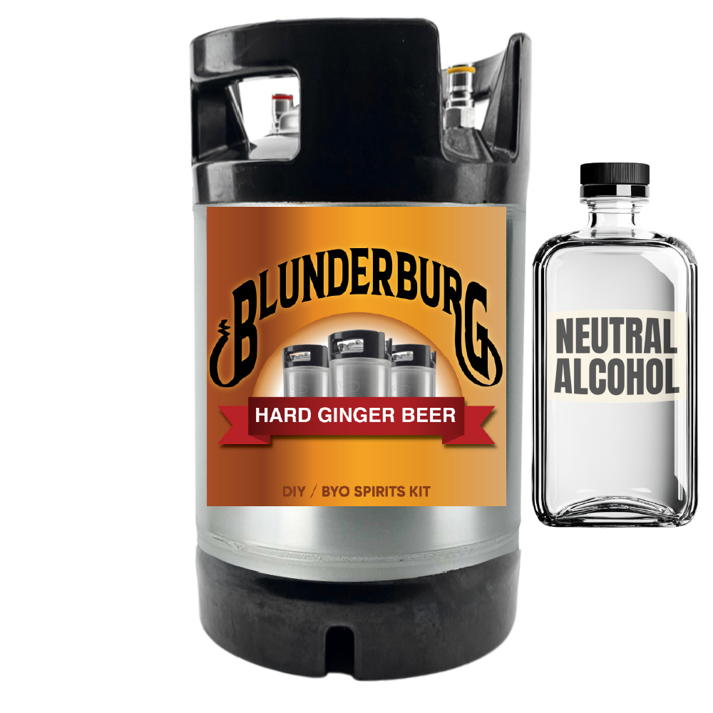 Blunderburg hard ginger beer keg and neutral alcohol bottle on a white background